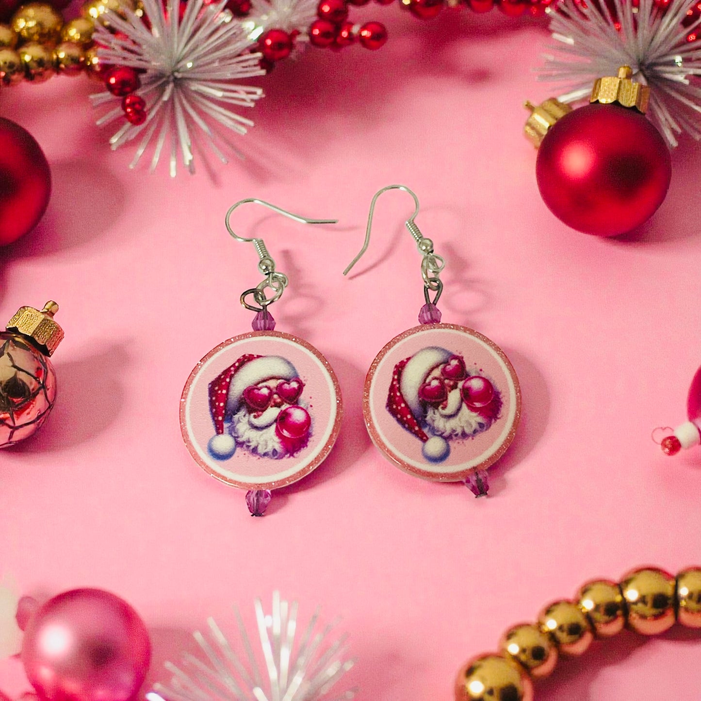Santa Clause Chewing gum earrings, Pink, Christmas earrings
