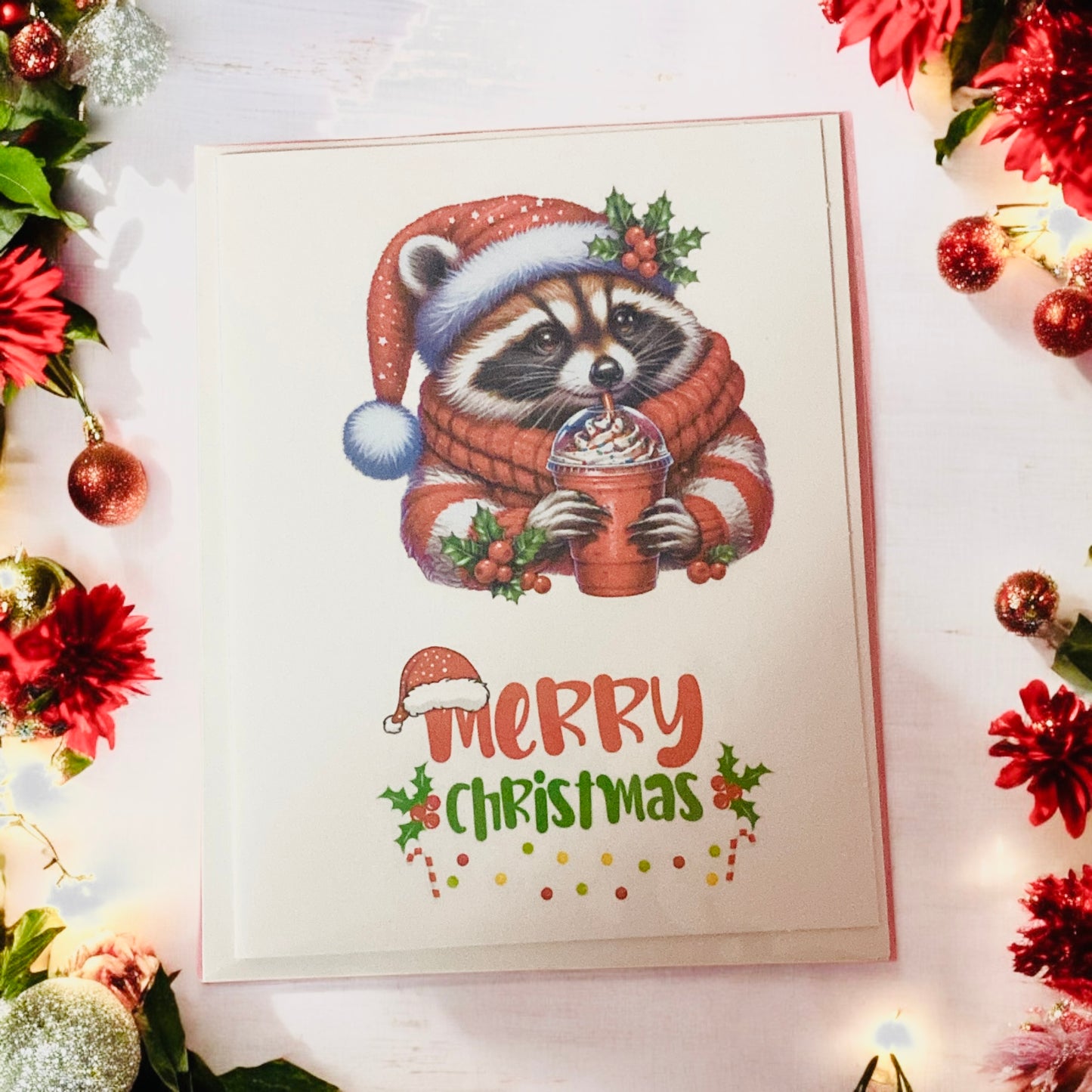 Cute Racoon Winter Christmas Greeting card, Christmas lights, Merry Christmas blank card