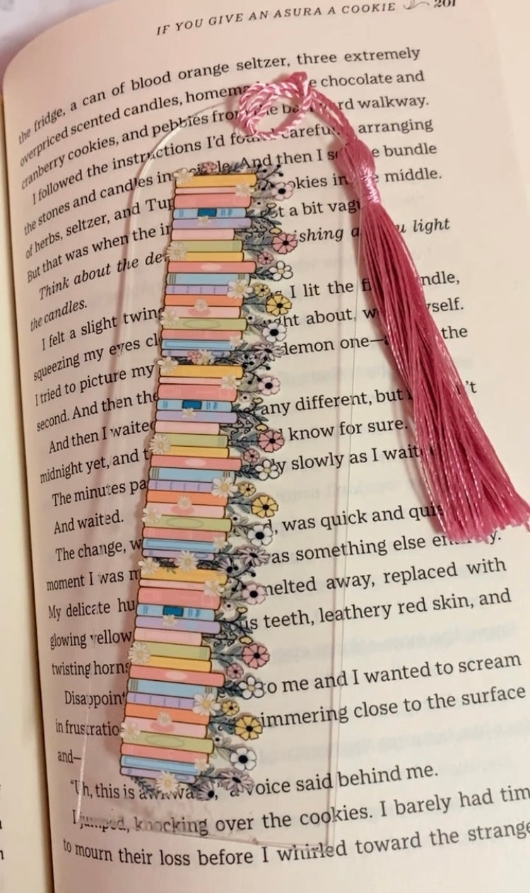 Cute Acrylic bookish themed inspired blue colour bookmark, flowers, romance lovers, Bookish Gift Ideas, pink tassel, I love books, pink Tassel