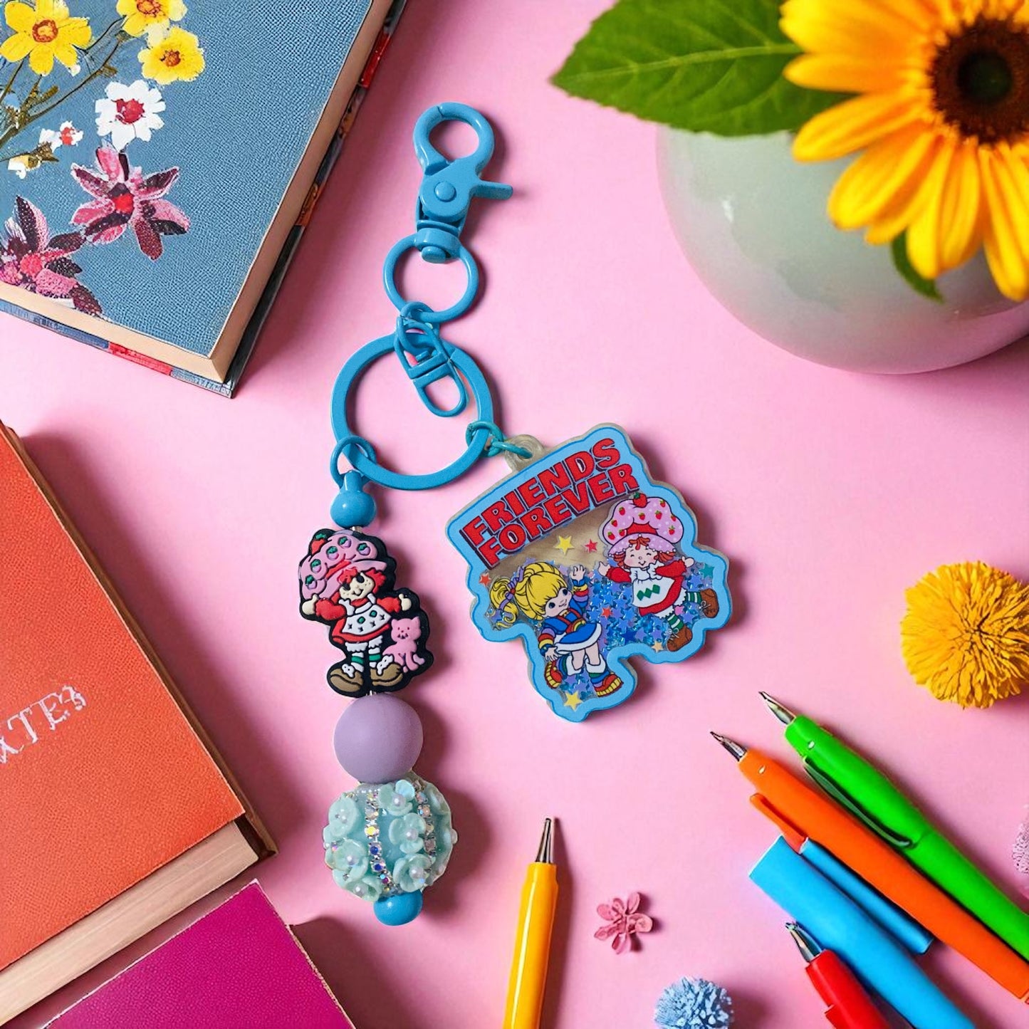Strawberry Shortcake & Rainbow Brite Beaded charm key chain, purse tag & friends, Reading, junk journaling bookmark, 80s, 90s, vintage era, nostalgia, Besties, best friend, blue