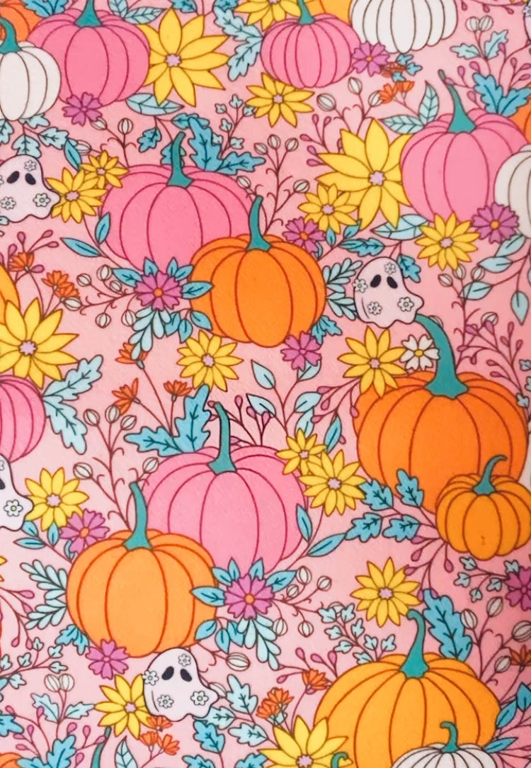 Pink Pumpkin Patch Ghost Floral Tote Bag, retro colourful tote, reusable bag, grocery bag, canvas bag, spooky books, flowers, florals