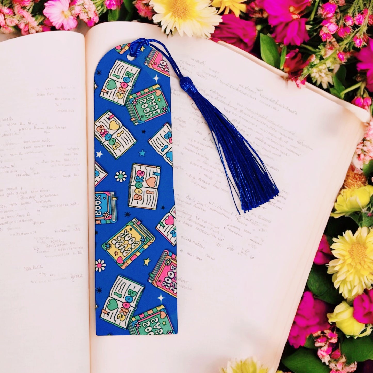 Cute bookish themed inspired blue colour bookmark, flowers, romance lovers, Bookish Gift Ideas, pink tassel, I love books, Dark Blue Tassel