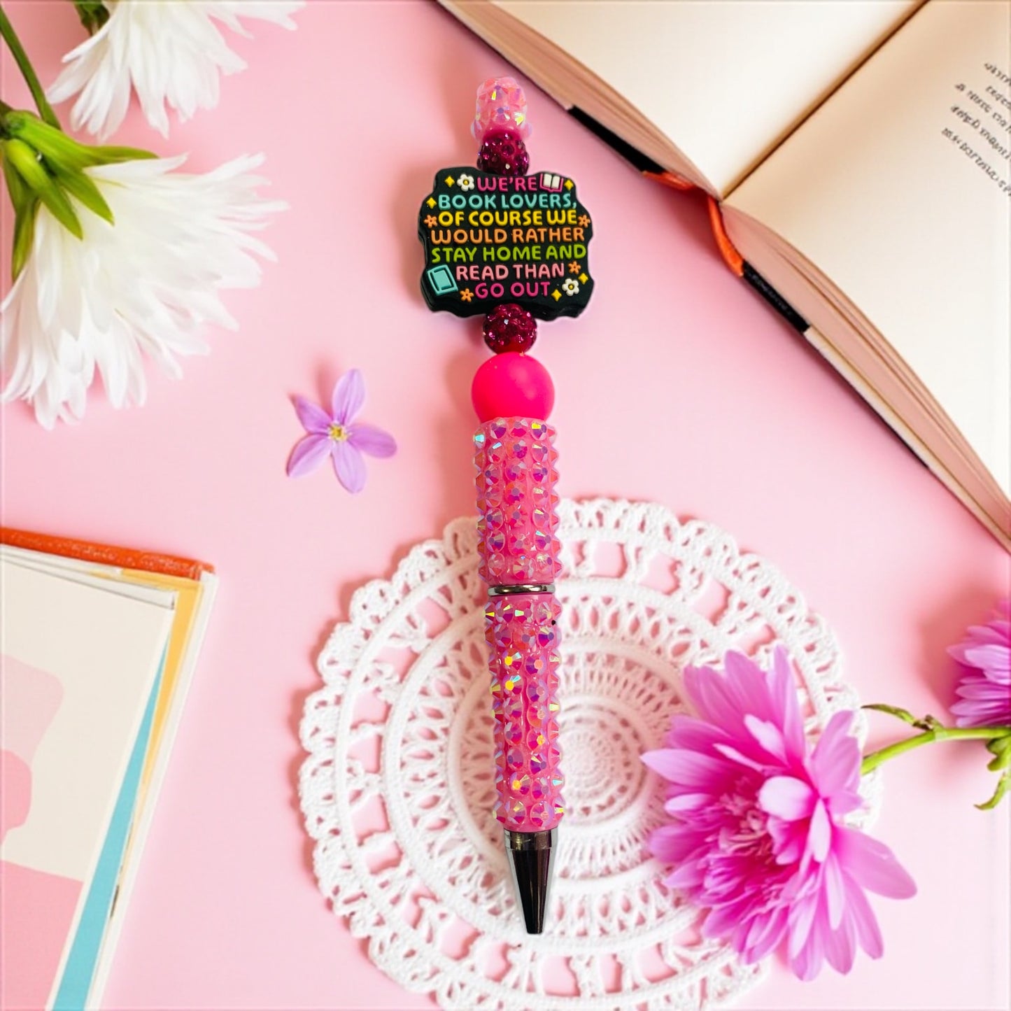“ We’re book lovers of course we would rather stay home and read than go out” beaded Pen, sprinkle, beaded, bookish pen, bookish merch, book lover