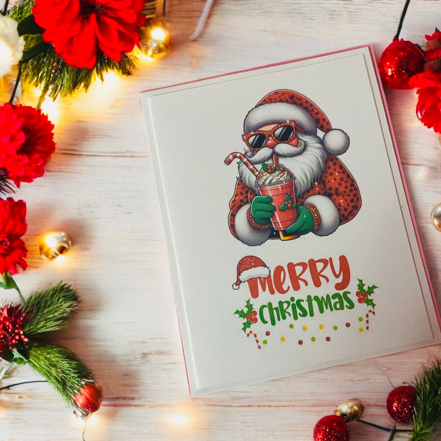 Santa Claus Winter Christmas Greeting card, Christmas lights, Merry Christmas blank card
