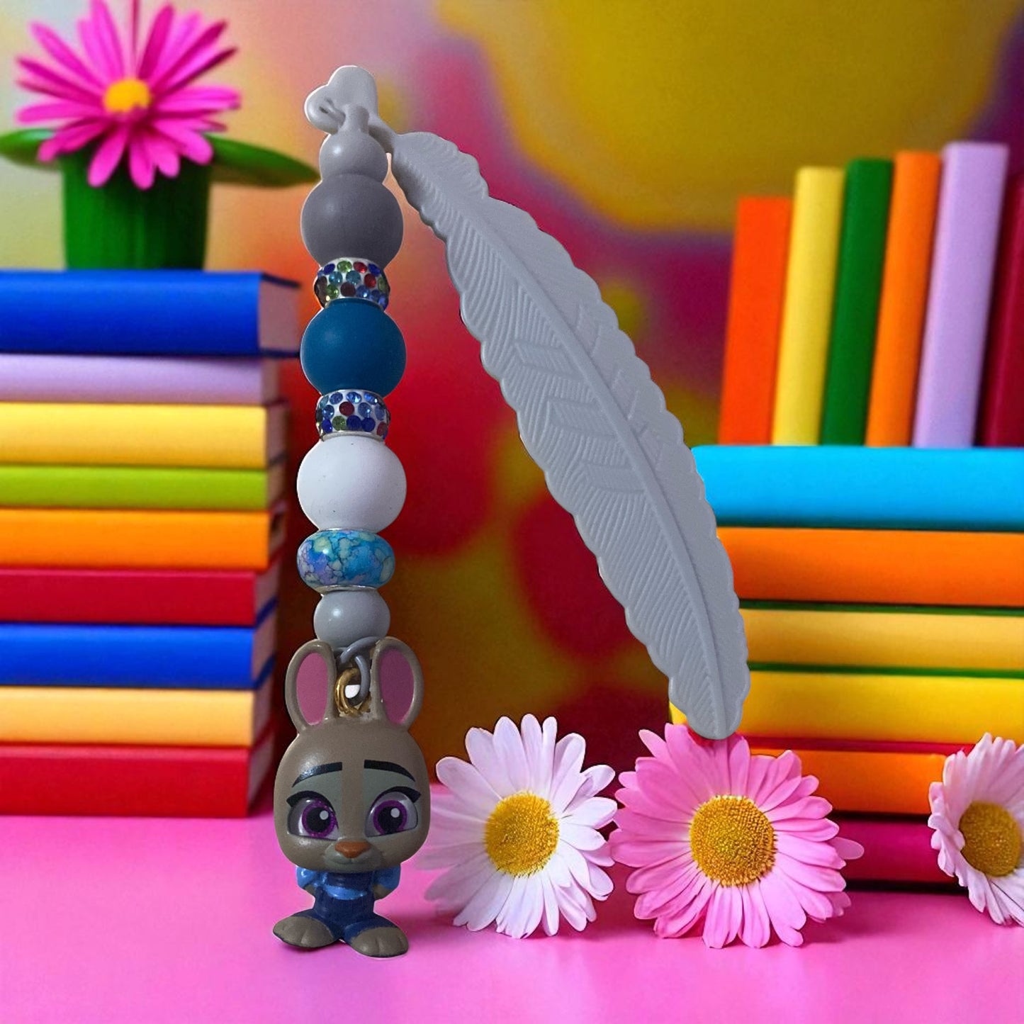 Judy Hopps, Charm Bookmark, Beaded, Grey, Blue Beaded, Book lover, Bookish merch