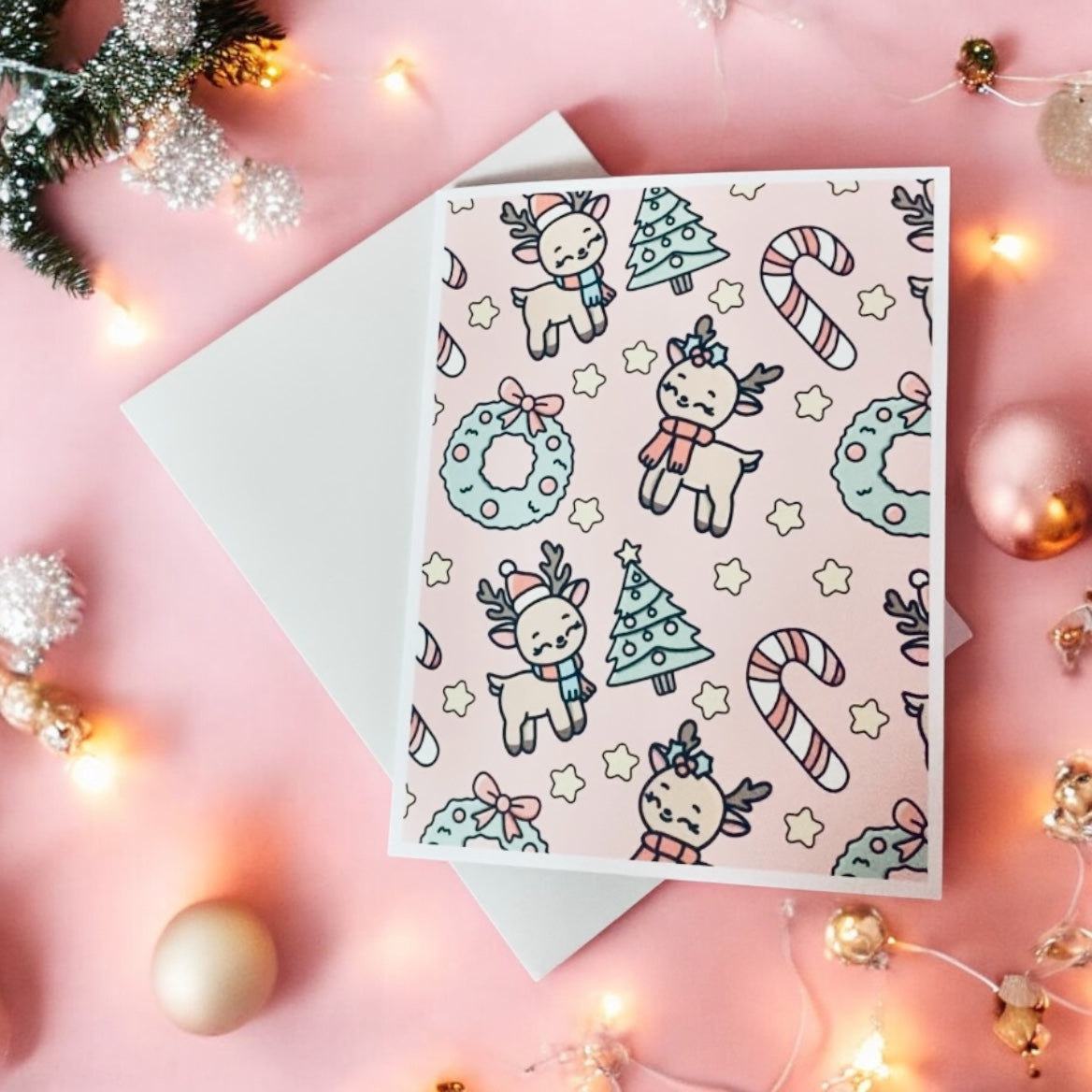 Cute Pink Reindeer, Christmas tree, Christmas Wreath,candy cane,blank greeting card
