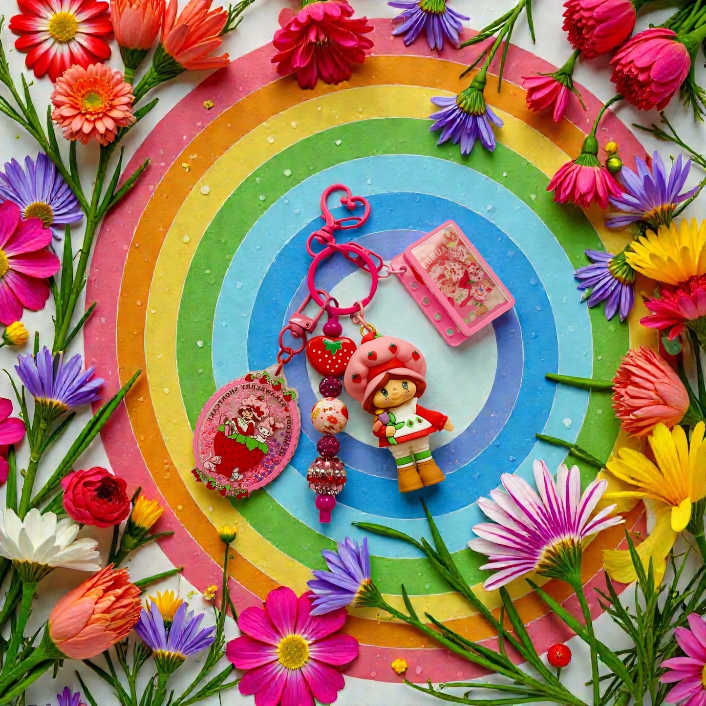 Strawberry Character & friends, strawberry character, Cherry character, Beaded charm key chain, bag charm, friends, Reading, junk journaling, keychain, bookmark, 80s, 90s, vintage era, nostalgia, Besties, best friend, purple,