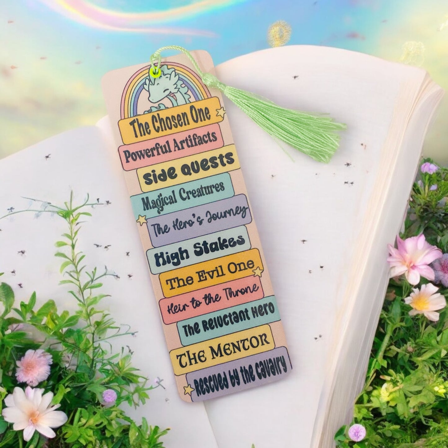 Fantasy Readers Bookstack bookmark with tassel, Laminated bookmark, Double sided bookmark, Gift for Book lover, Reading Accessories bookmark, retro, psychedelic boomark
