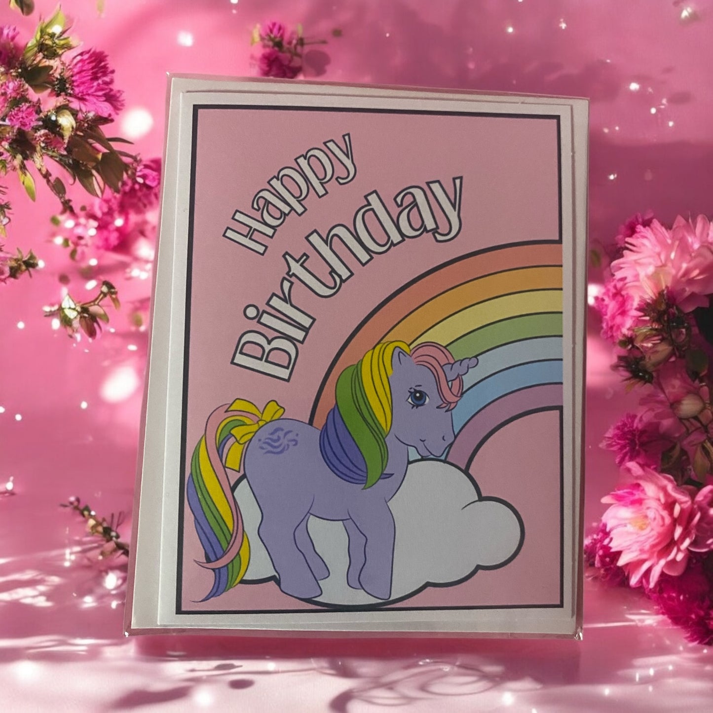 Happy Birthday card, vintage inspired,unicorn, pony, greeting card, retro, prosperity and happiness, rainbow,