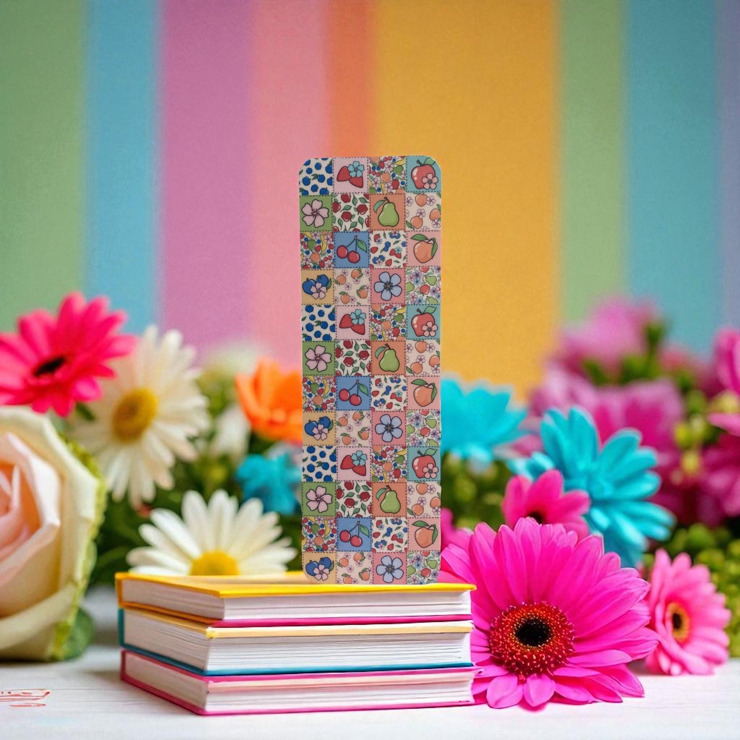 Fruit & Flower Patchwork Bookmark, Colorful Quilted Design for Readers