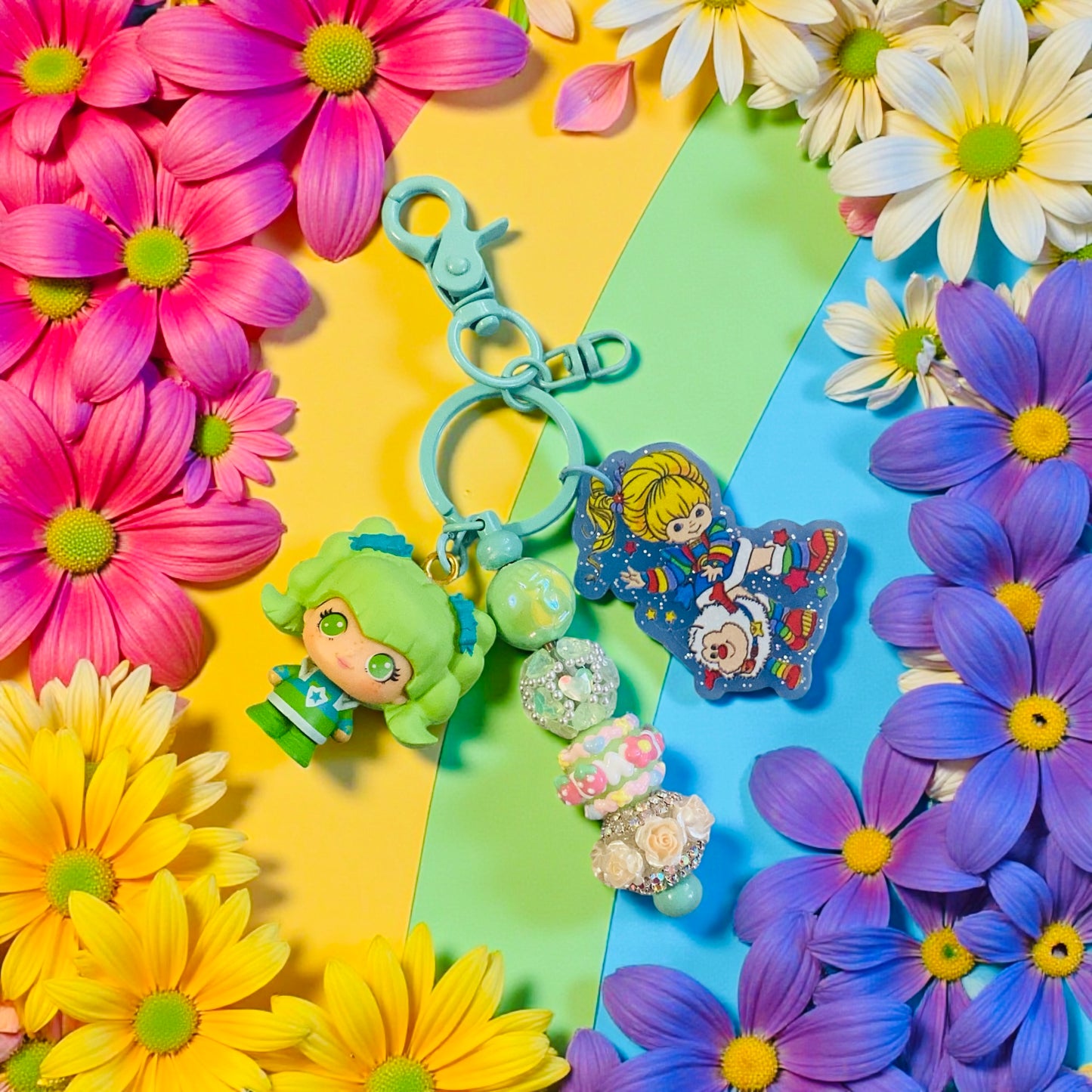 Rainbow Character & friends, Beaded charm key chain, bag charm, friends, Reading, junk journaling, keychain, bookmark, 80s, 90s, vintage era, nostalgia, Besties, best friend