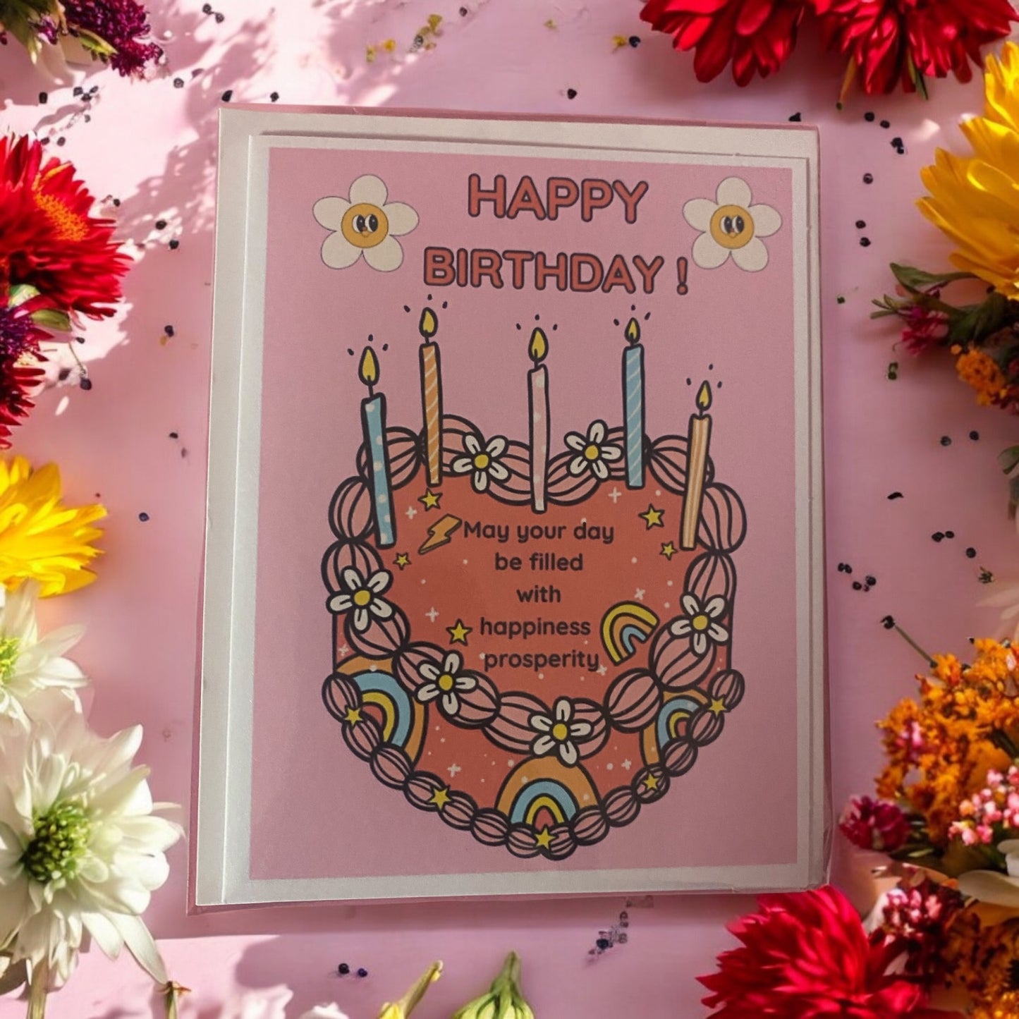 Happy Birthday card, vintage cake, greeting card, retro, prosperity and happiness