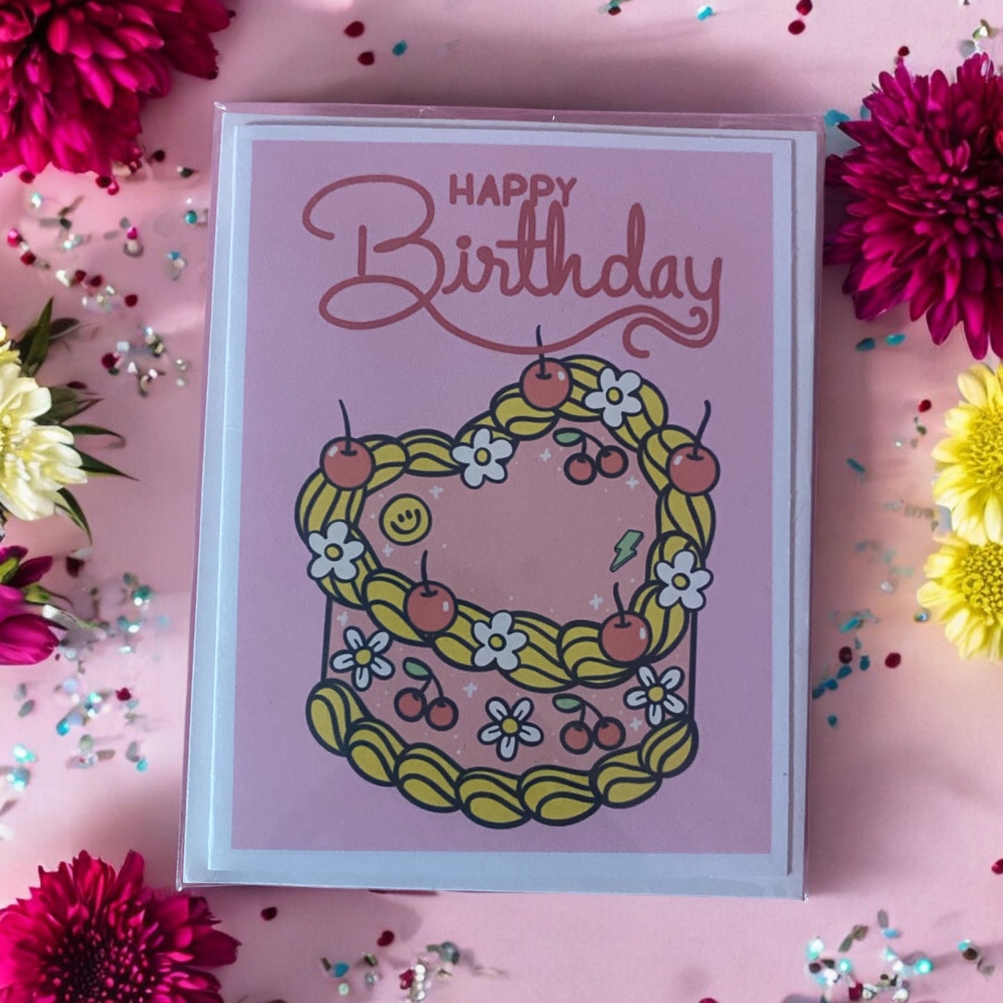 Happy Birthday card, vintage cake, greeting card, retro, prosperity and happiness