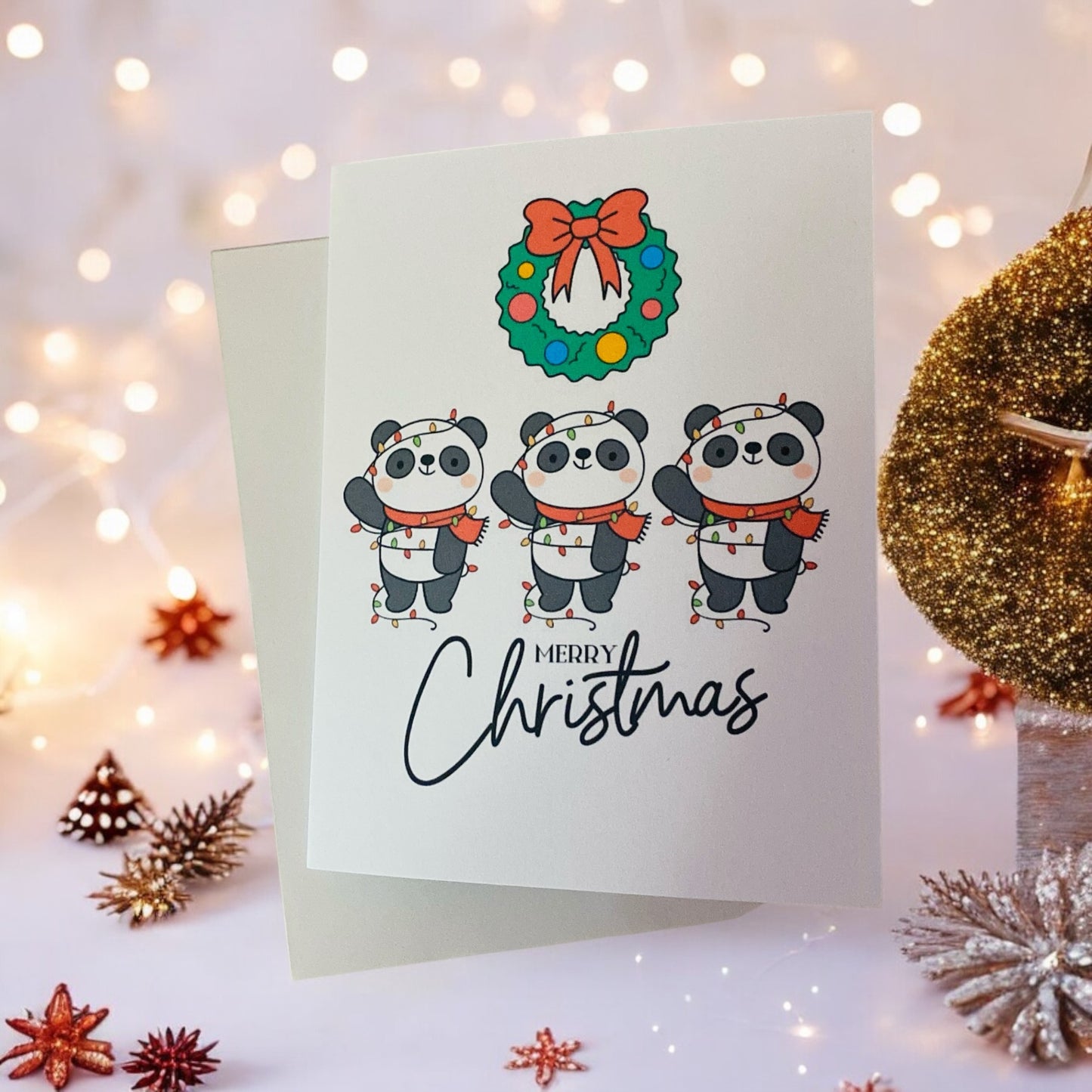 Cute Panda Bear Winter Christmas Greeting card, Christmas lights, Merry Christmas blank card