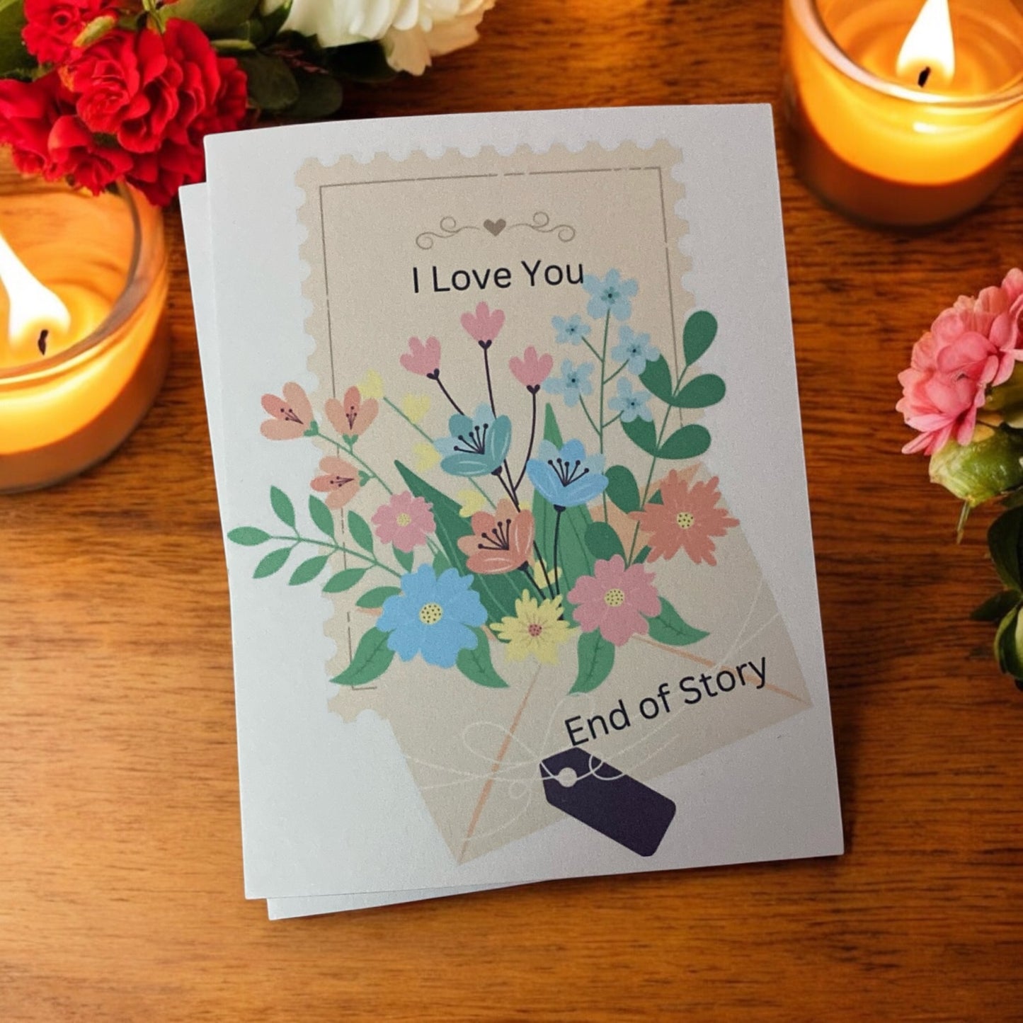 “I love you, end of story” bookish card, flower card perfect for valentines, Romance card, card for him, card for her, boy friend card, girl friend card, floral cards