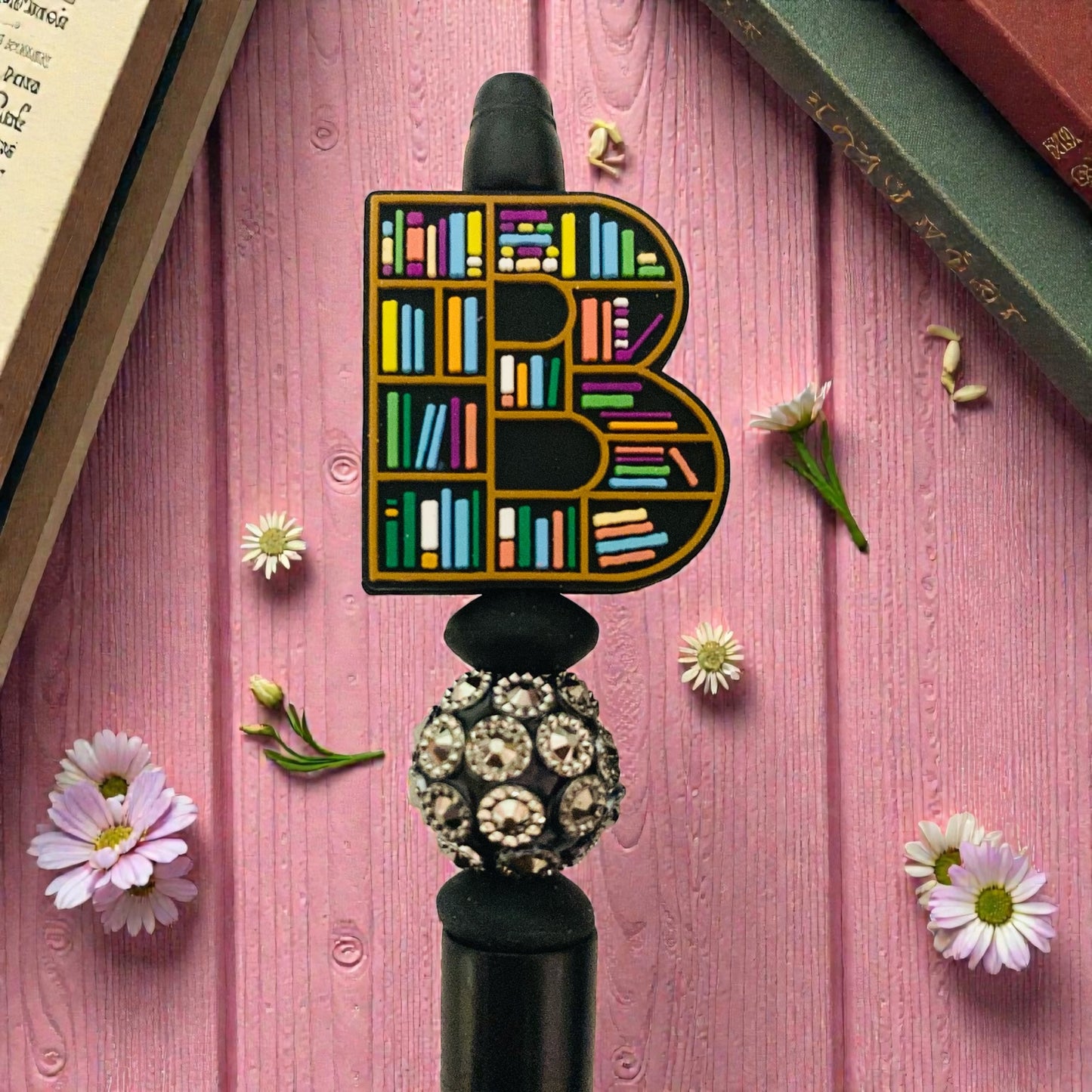 Book shelves beaded Pen, sprinkle, beaded, bookish pen, bookish merch, book lover, black beaded pen