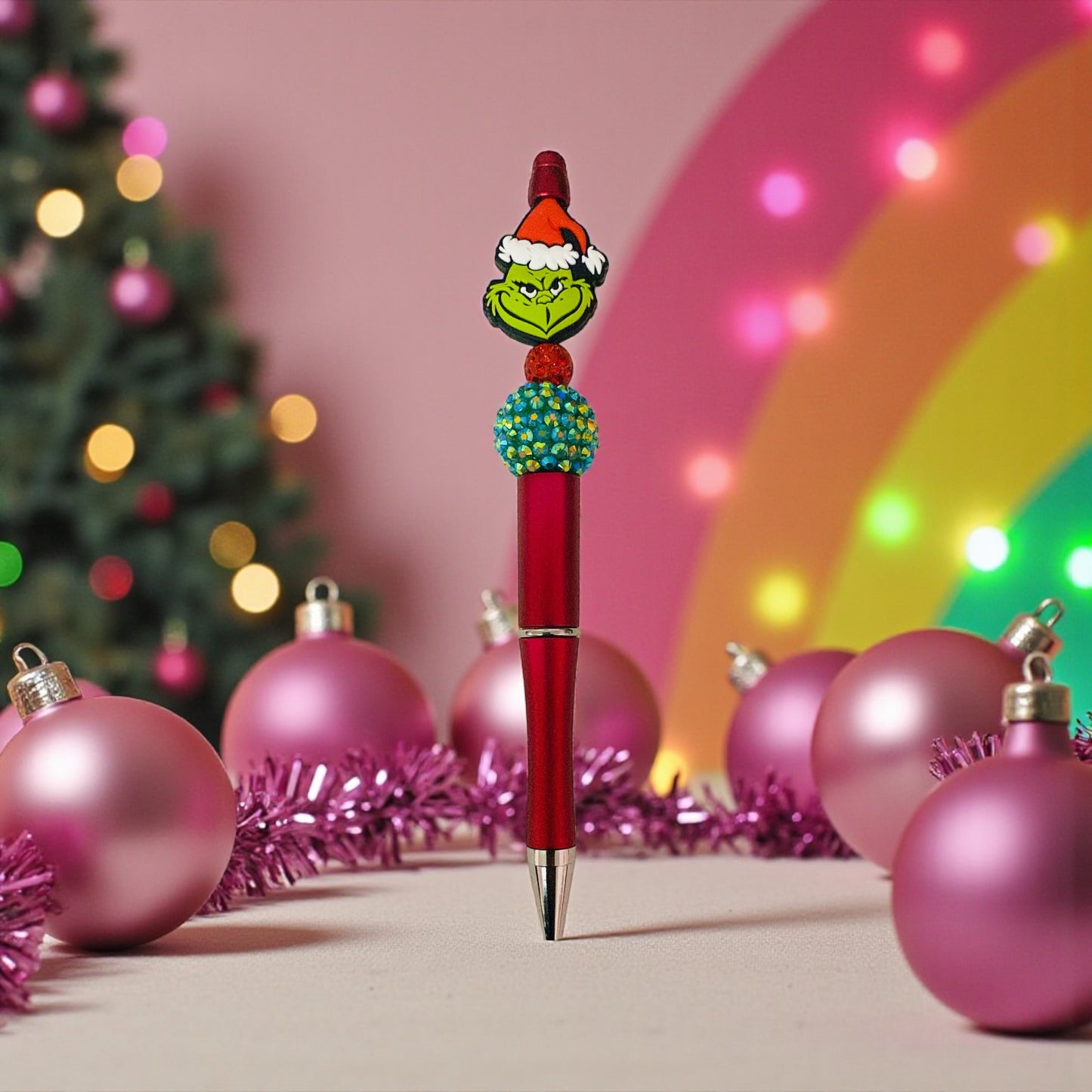 Grinch beaded Pen, Christmas beaded pen, red pen