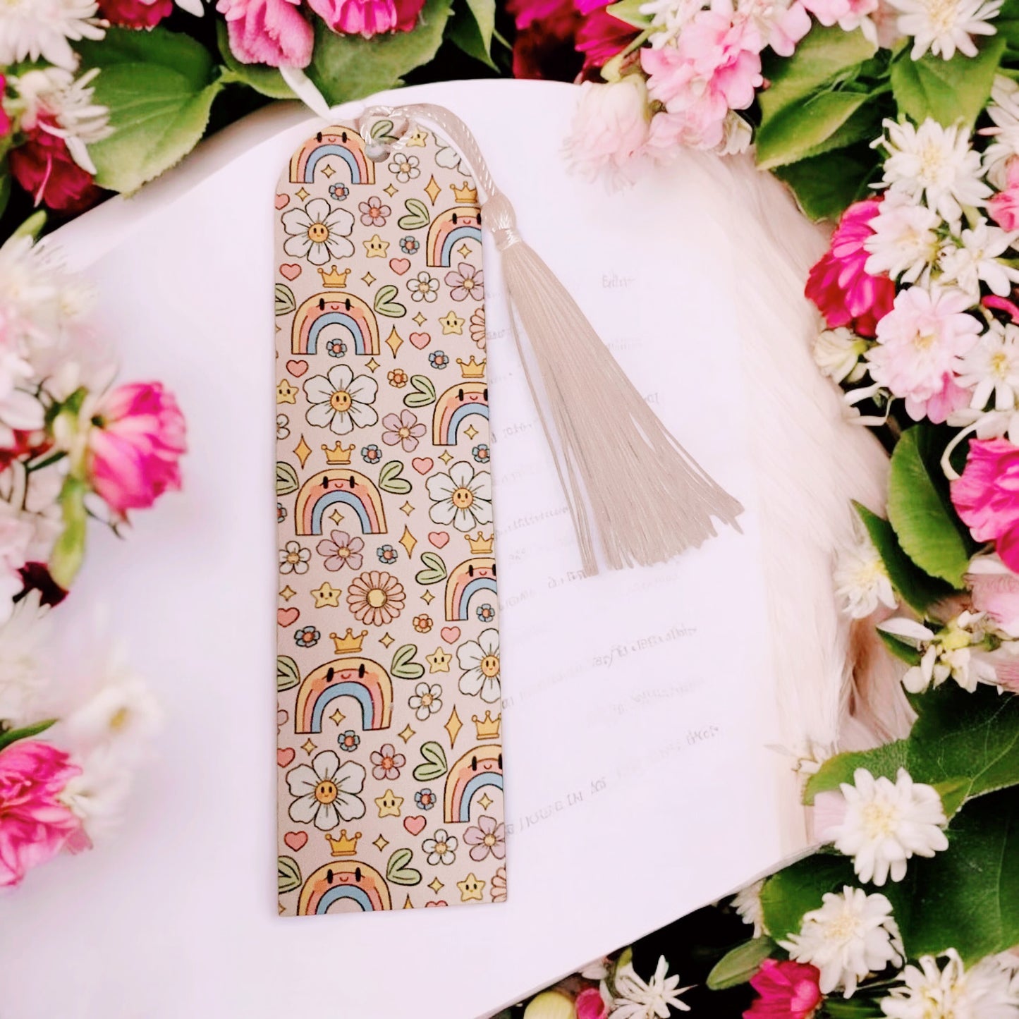 Cute cozy retro rainbow flower themed bookmark, flowers, romance lovers, Bookish Gift Ideas