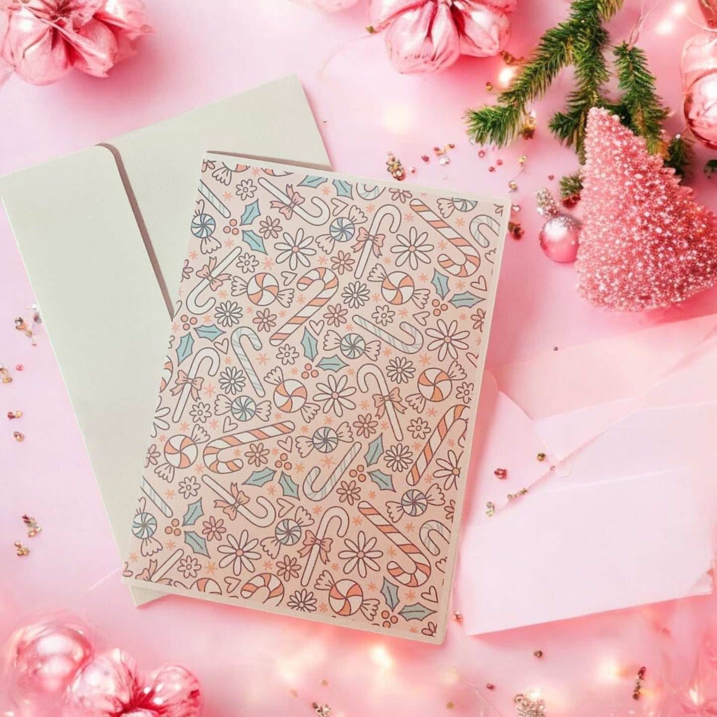 It’s a Candy wonderland with candy canes & mistletoes Christmas card, pink card, blank greeting card