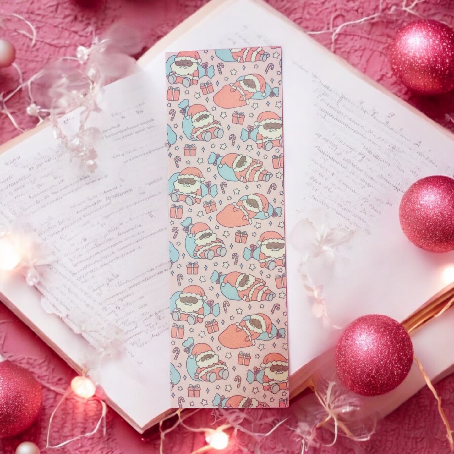 Brown Santa, Sleepy Santa,, black Santa, Christmas bookmark,pink, hearts, kawaii