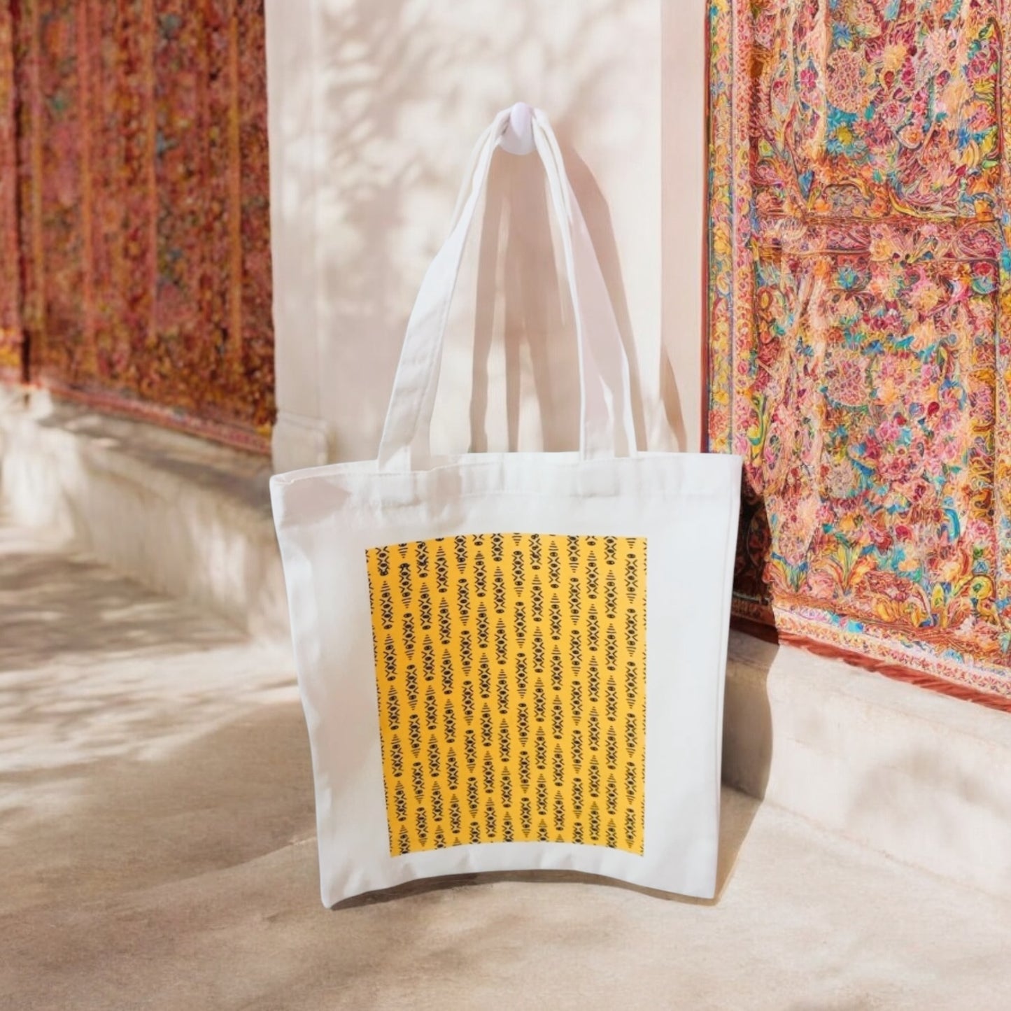 Indian motif Tote Bag, south Asian, desi bag, colourful tote, reusable bag, grocery bag, canvas bag, floral bag, tote bag, black motif, yellow