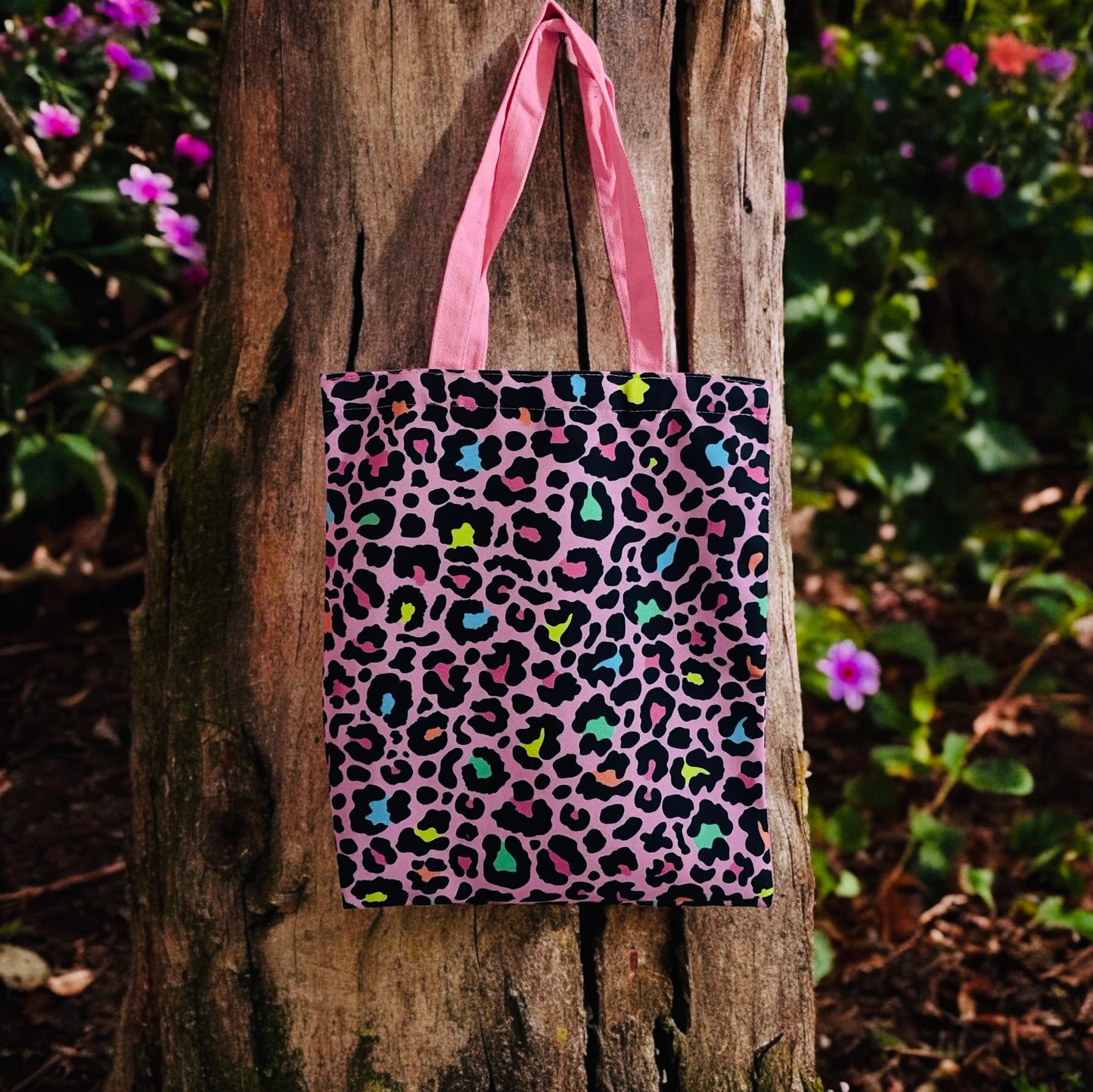 pink rainbow leopard print colourful tote, reusable bag, grocery bag, canvas bag, floral bag, tote bag, bookish bag,