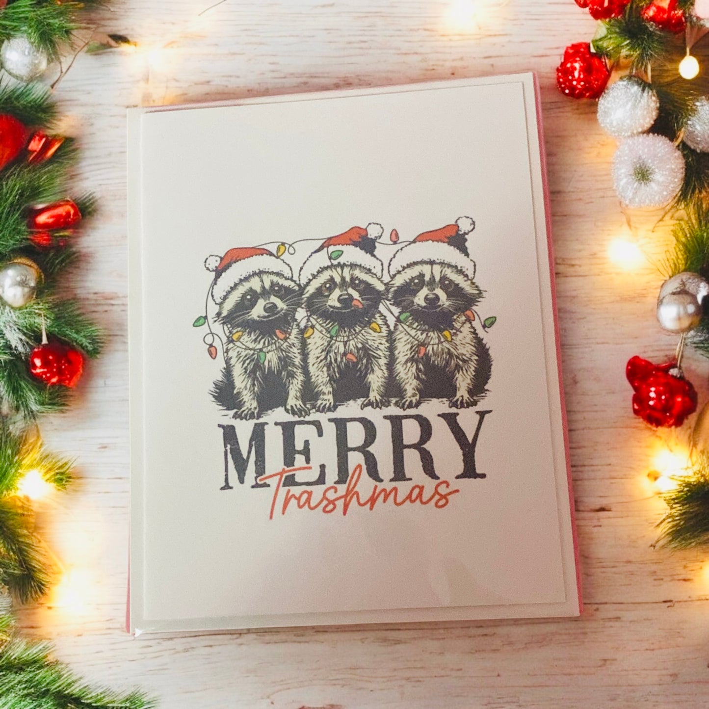 Cute Racoon Winter Christmas Greeting card, Christmas lights, Merry Trashmas blank card