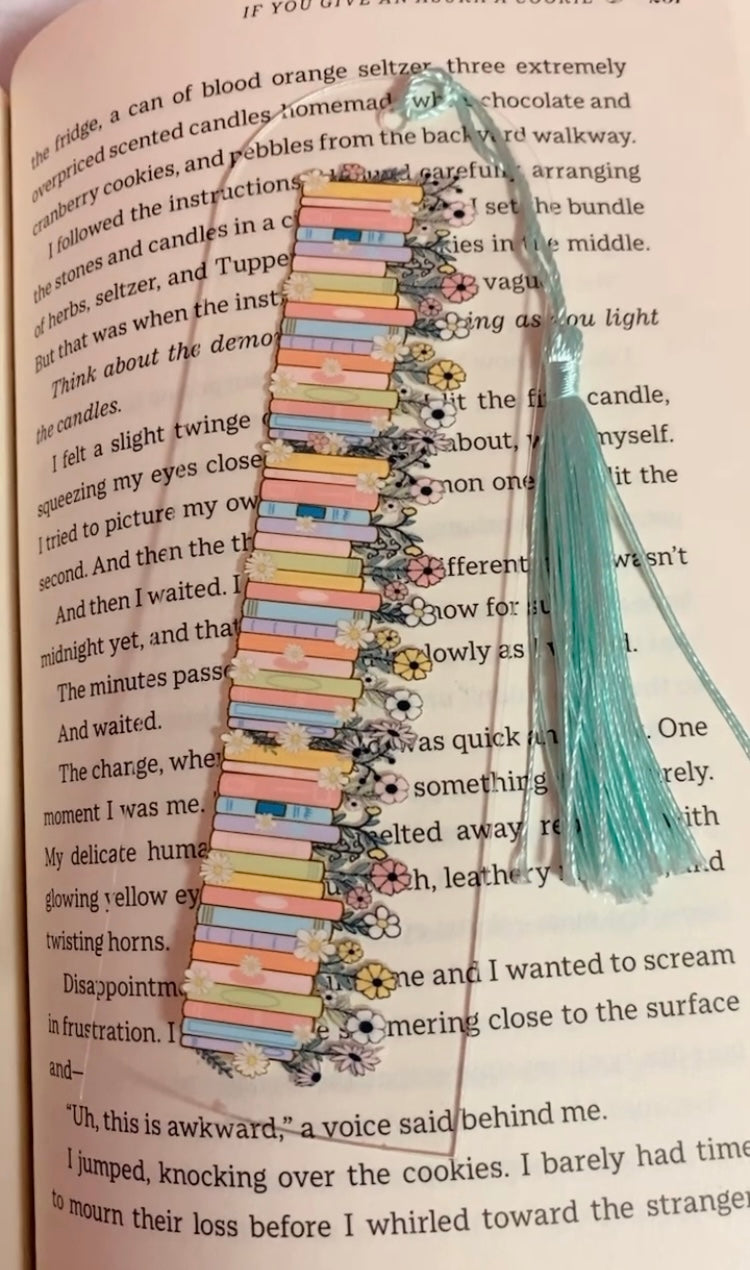Cute Acrylic bookish themed inspired blue colour bookmark, flowers, romance lovers, Bookish Gift Ideas, pink tassel, I love books, Tassel