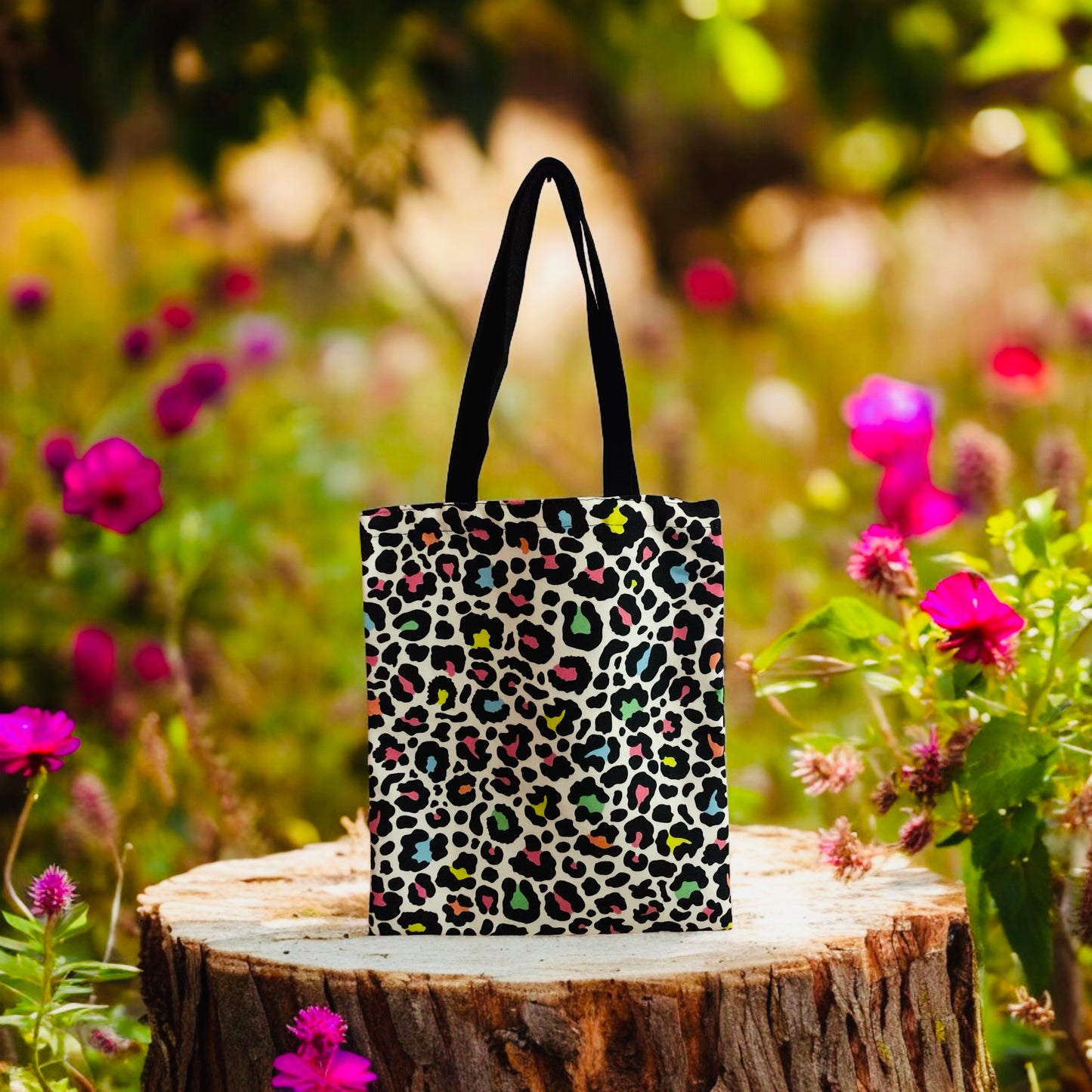 White rainbow leopard print colourful tote, reusable bag, grocery bag, canvas bag, floral bag, tote bag, bookish bag,