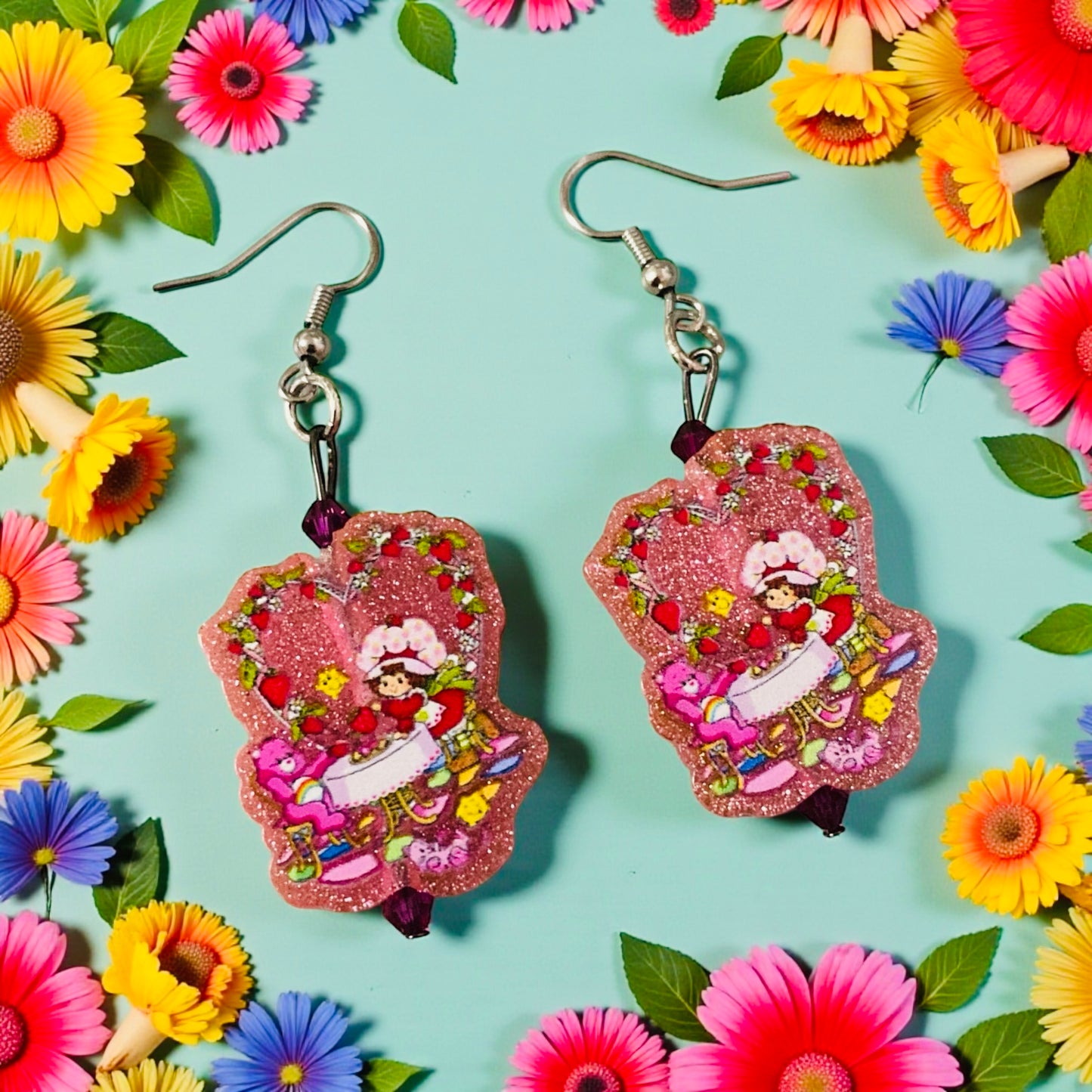 Strawberry girl short cake character & pink bear friends earrings