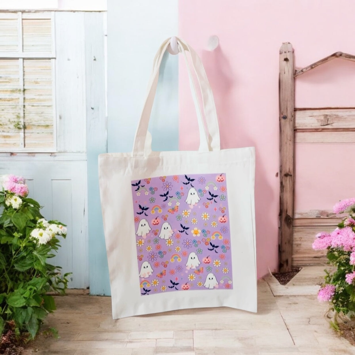 Cute ghost Tote Bag, retro colourful tote, reusable bag, grocery bag, canvas bag, butterfly,spooky, Halloween, floral tote bag, rainbow, bats, flower bag