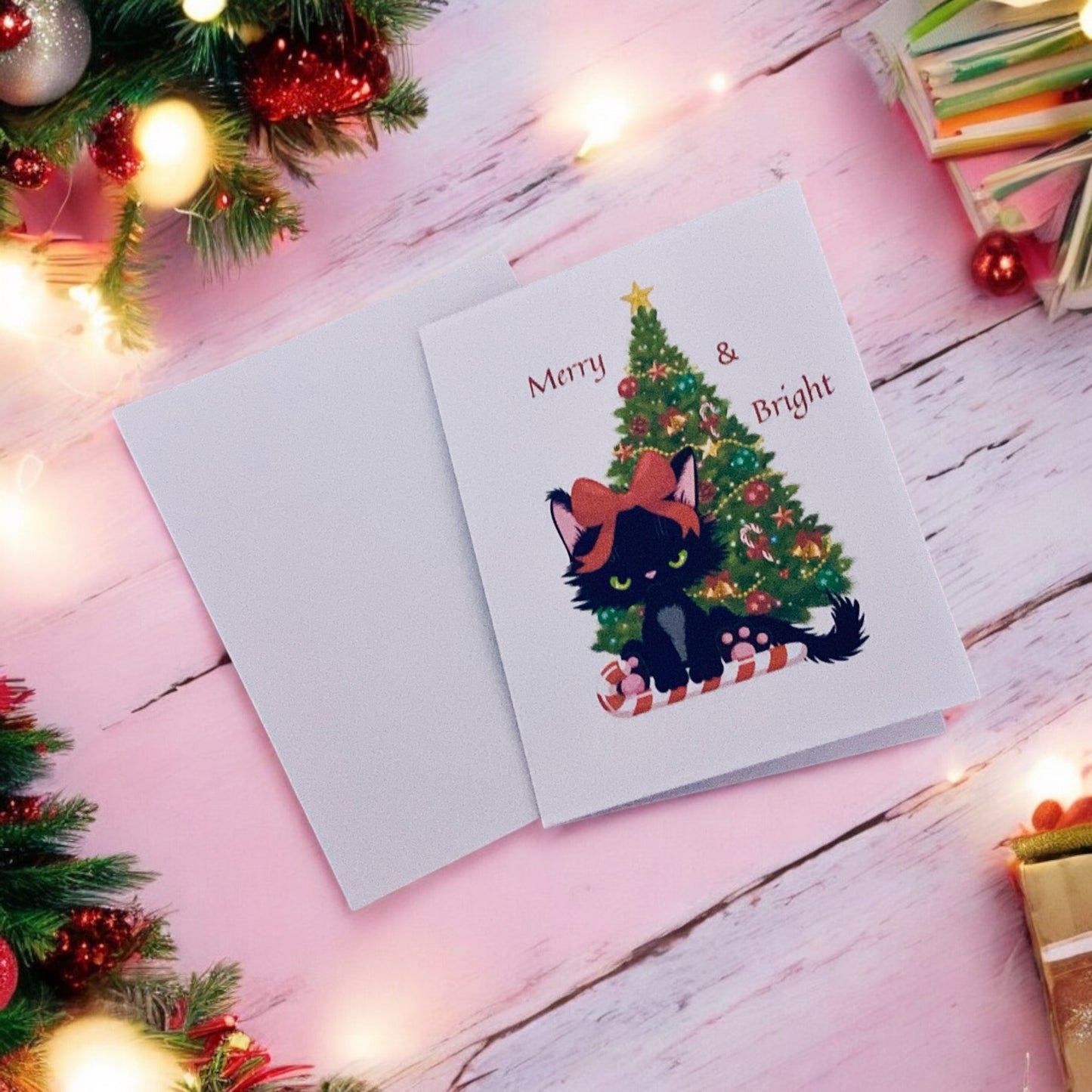 Cute Cat Winter Christmas Greeting card, Christmas lights, Merry & Bright blank card, Angry Cat