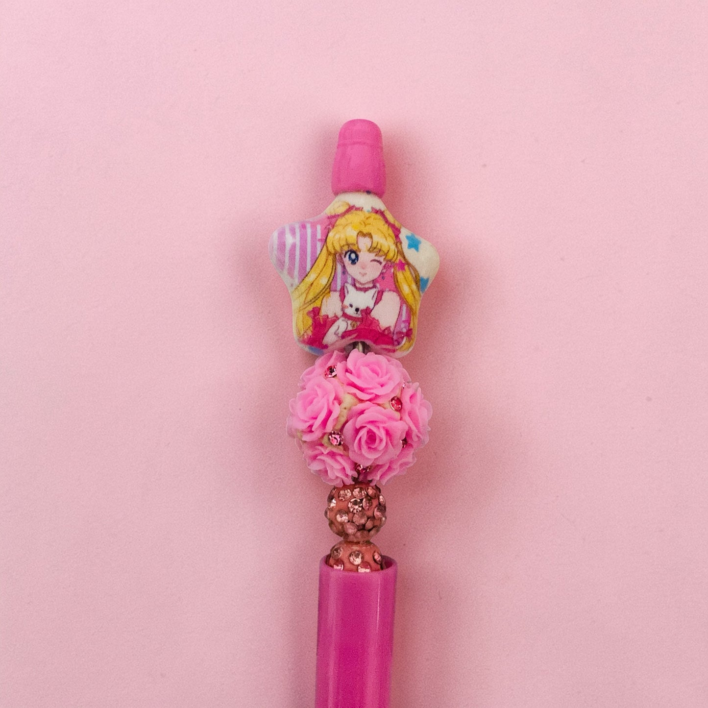 Sailor Moon Beaded Pen , Moon Princess, Usagi, pink beaded pen, floral pen