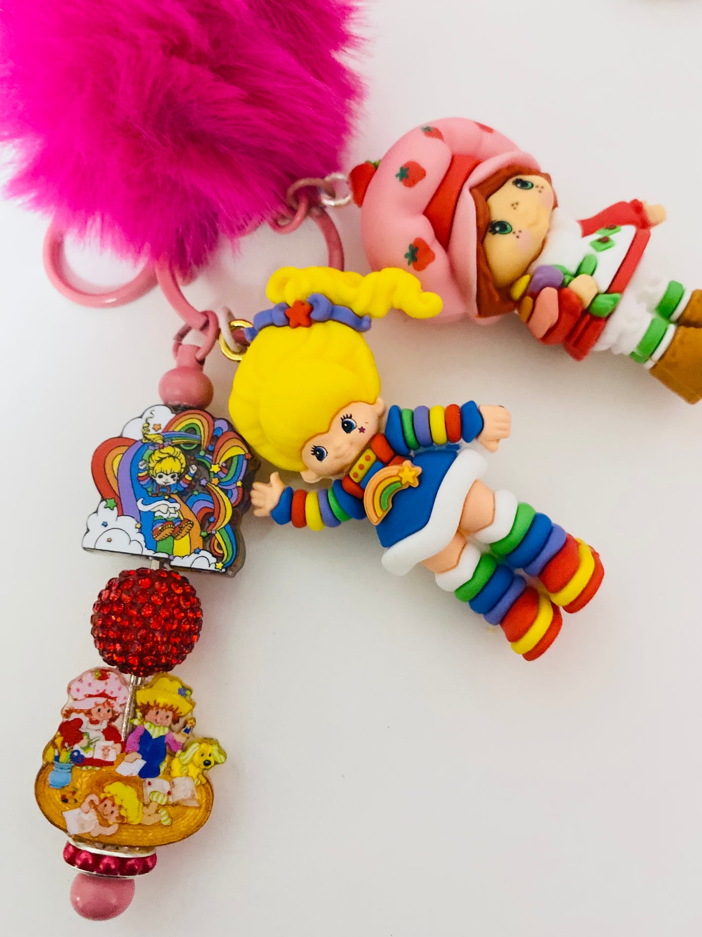 Strawberry Shortcake & Rainbow Brite Beaded charm key chain, purse tag & friends, Reading, junk journaling, keychain, bookmark, 80s, 90s, vintage era, nostalgia, Besties, best friend, blue