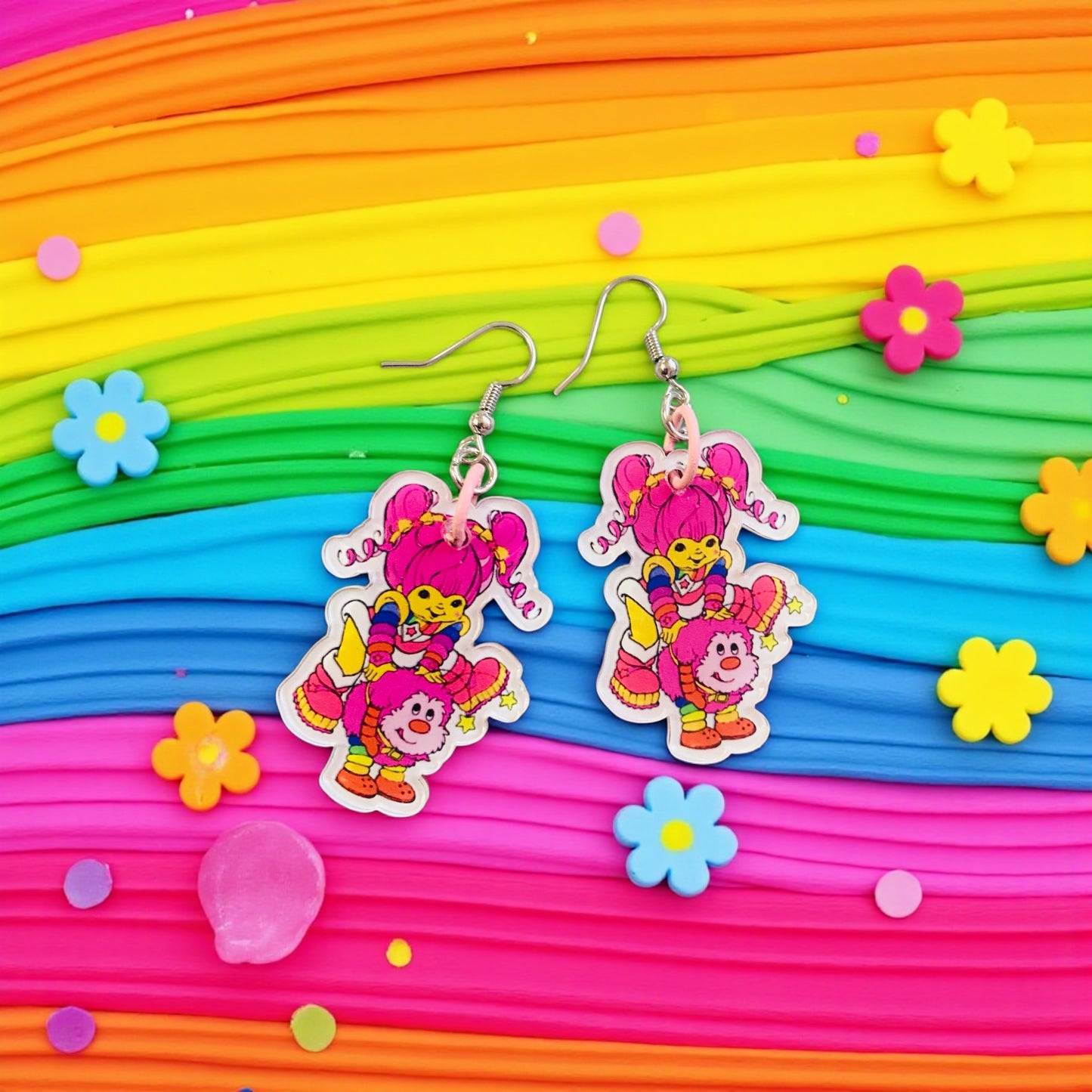 Cute Pink girl & Rainbow friends earrings