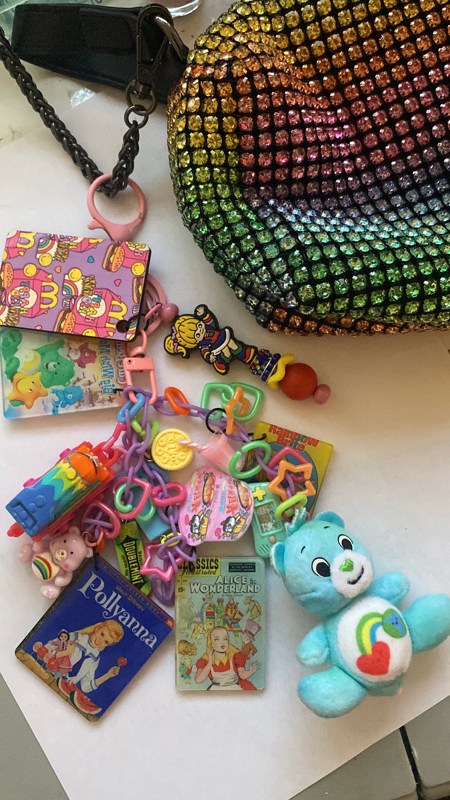 80s, 90s, vintage era inspired keychain, bag charm, Rainbow Bears Beaded charm Bookmark & friends, Reading, junk journaling bookmark, nostalgia, care, bookish merch