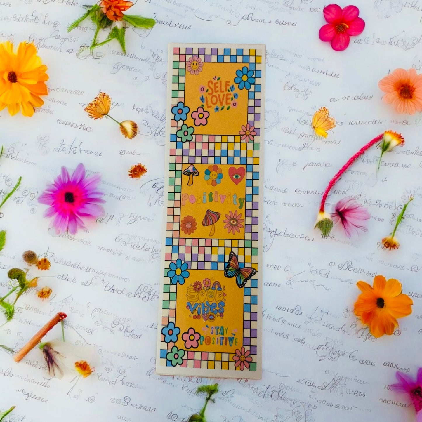Retro & psychedelic bookmark, peace, mushrooms, 80s era, 99s era, butterflies