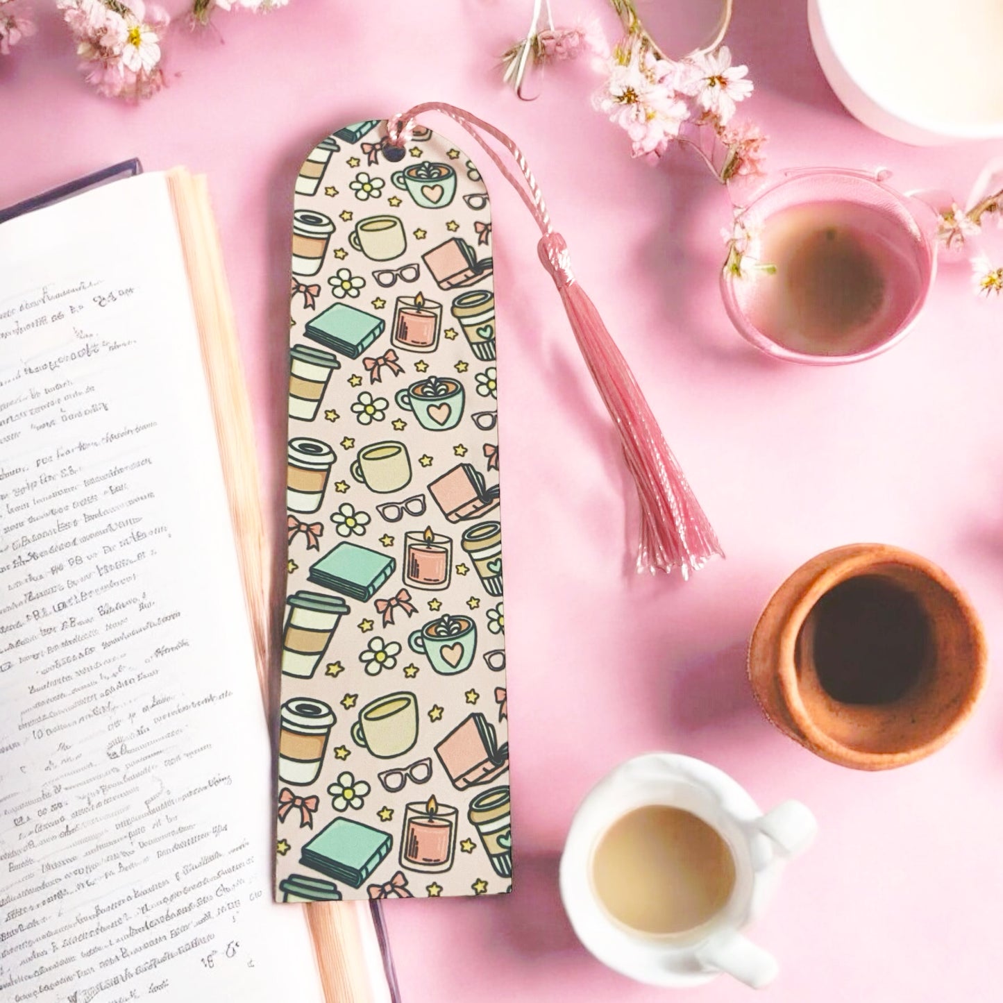 Cute bookish themed coffee latte tea inspired pink bookmark, flowers, romance lovers, Bookish Gift Ideas
