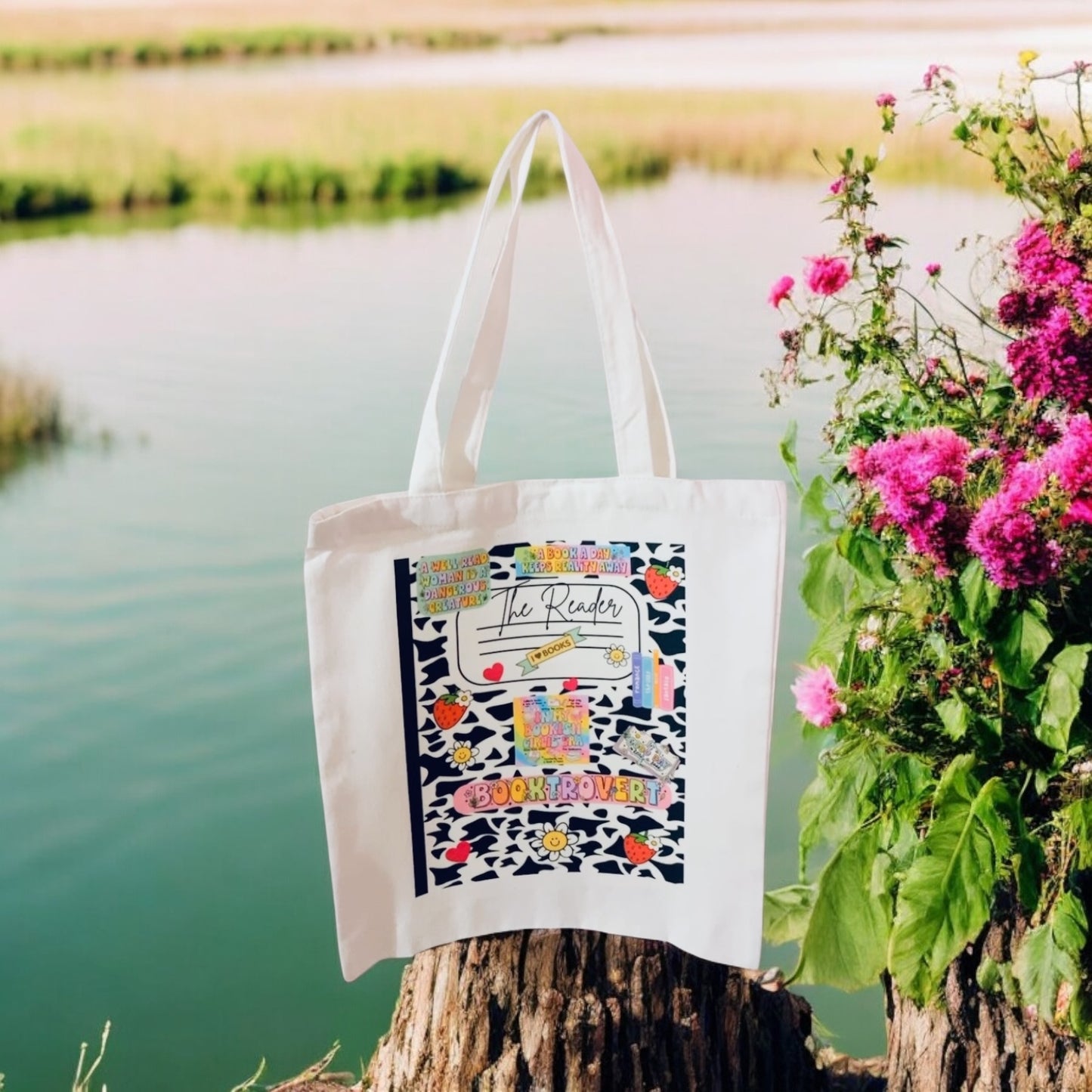 Compostion Reader Notebook Tote Bag, colourful tote, reusable bag, grocery bag, canvas bag, floral bag, retro