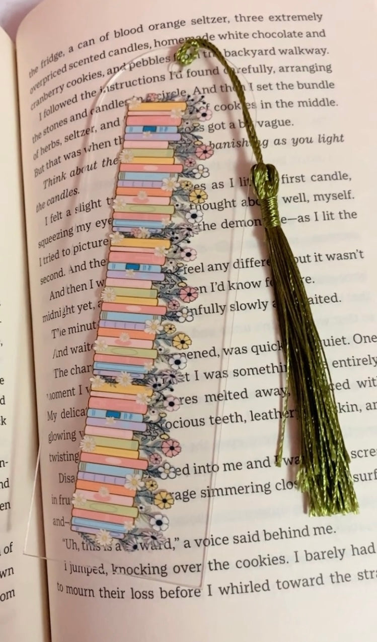 Cute Acrylic bookish themed inspired blue colour bookmark, flowers, romance lovers, Bookish Gift Ideas, pink tassel, I love books, purple Tassel