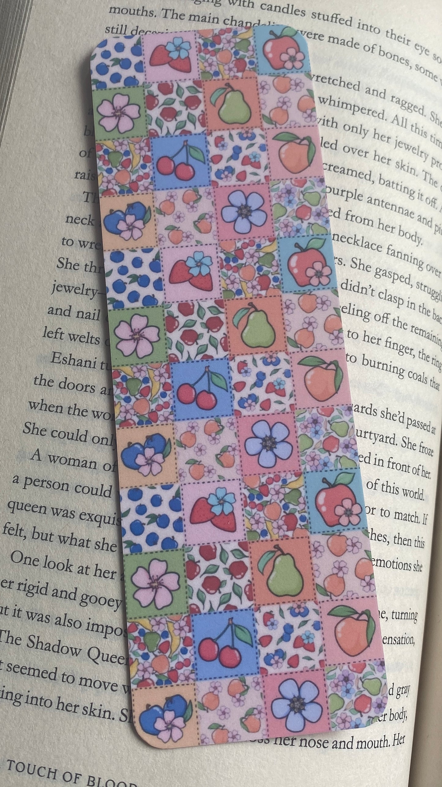 Fruit & Flower Patchwork Bookmark, Colorful Quilted Design for Readers