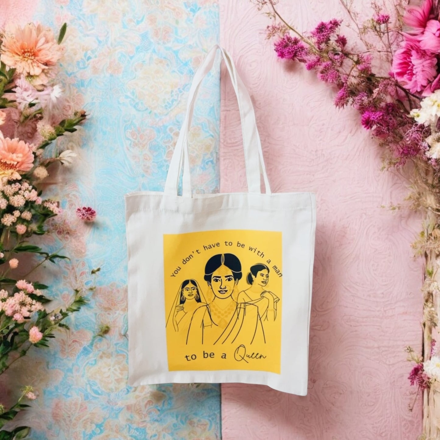 You don’t have to be with a man to be a queen, Desi Girl Book Club, Indian Tote Bag, south Asian, desi bag, colourful tote, reusable bag, grocery bag, canvas bag, floral bag, tote bag, bookish bag, bindi bag, women power, desi women