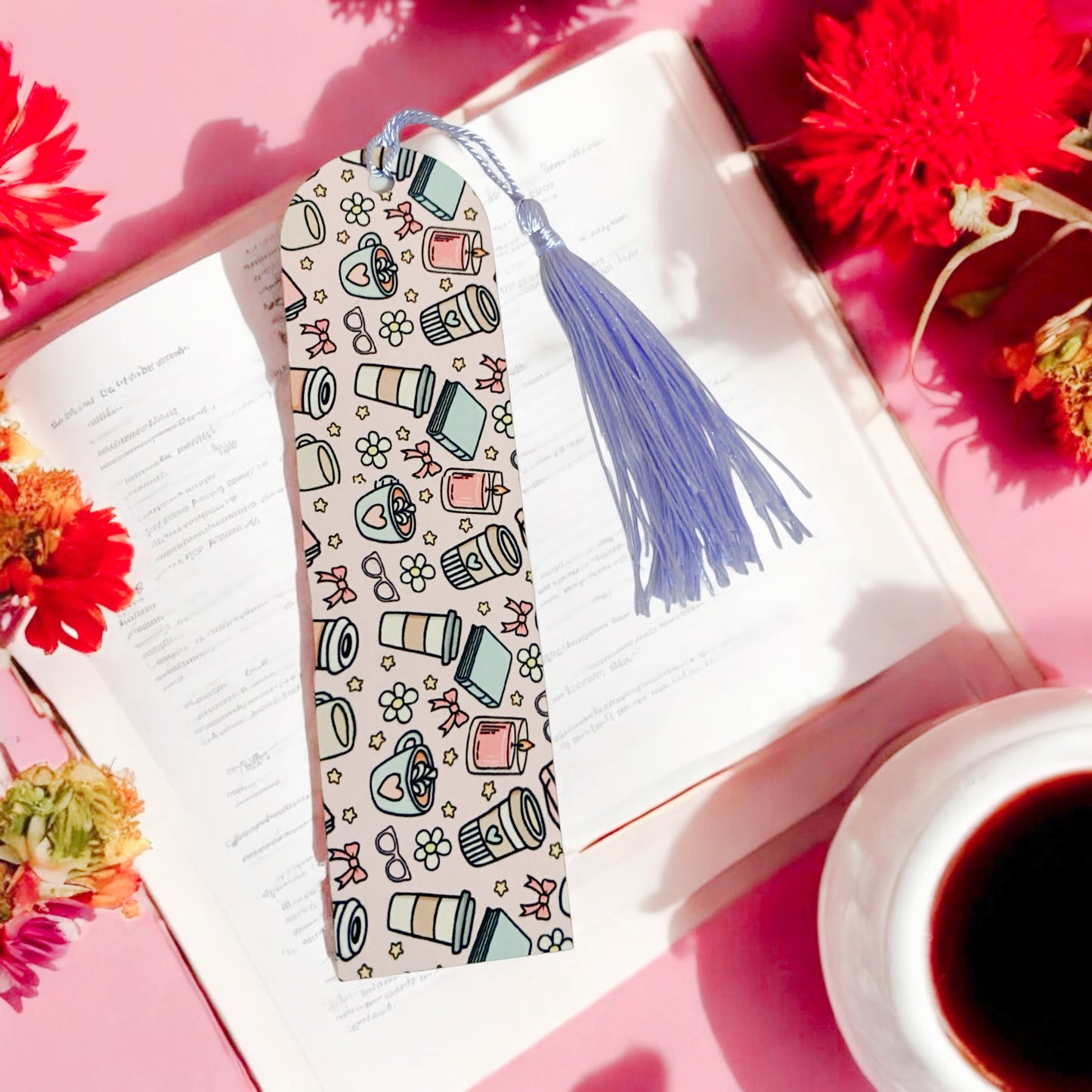 Cute bookish themed coffee latte tea inspired pink bookmark, flowers, romance lovers, Bookish Gift Ideas