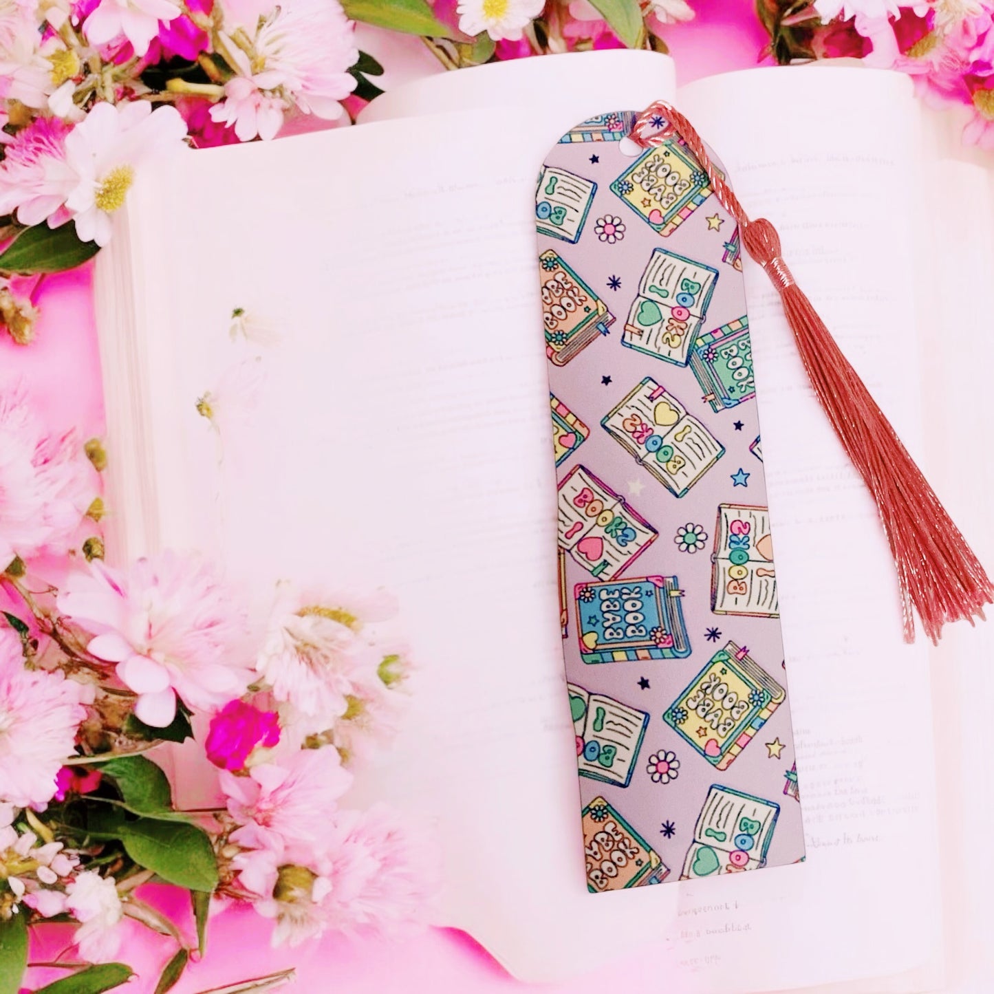 Cute bookish themed inspired lavender colour bookmark, flowers, romance lovers, Bookish Gift Ideas, pink tassel, I love books