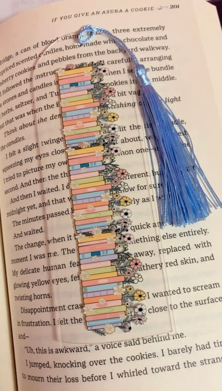 Cute Acrylic bookish themed inspired blue colour bookmark, flowers, romance lovers, Bookish Gift Ideas, pink tassel, I love books, blue Tassel
