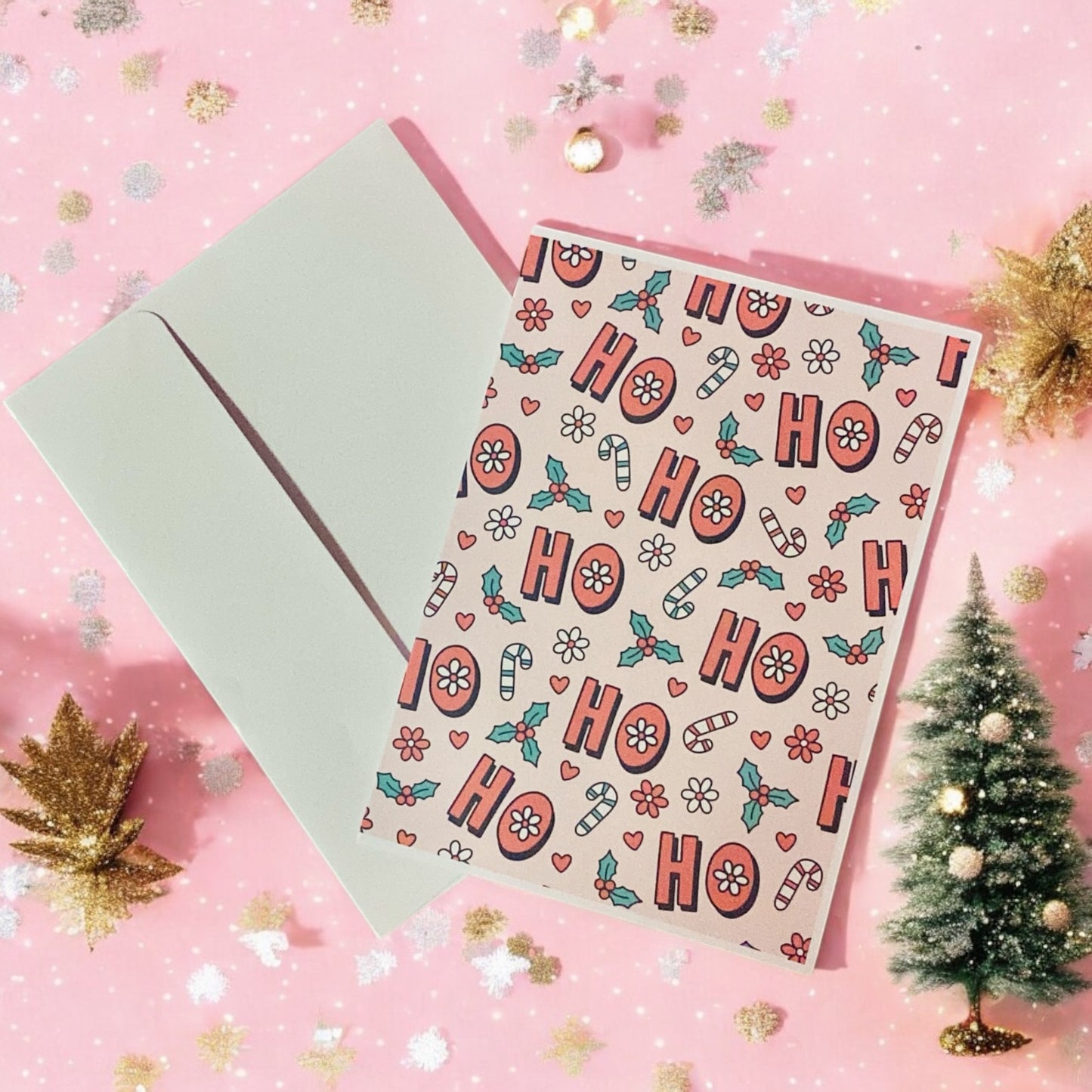 Ho Ho Ho Christmas pink card, mistle toe, candy cane, blank greeting card