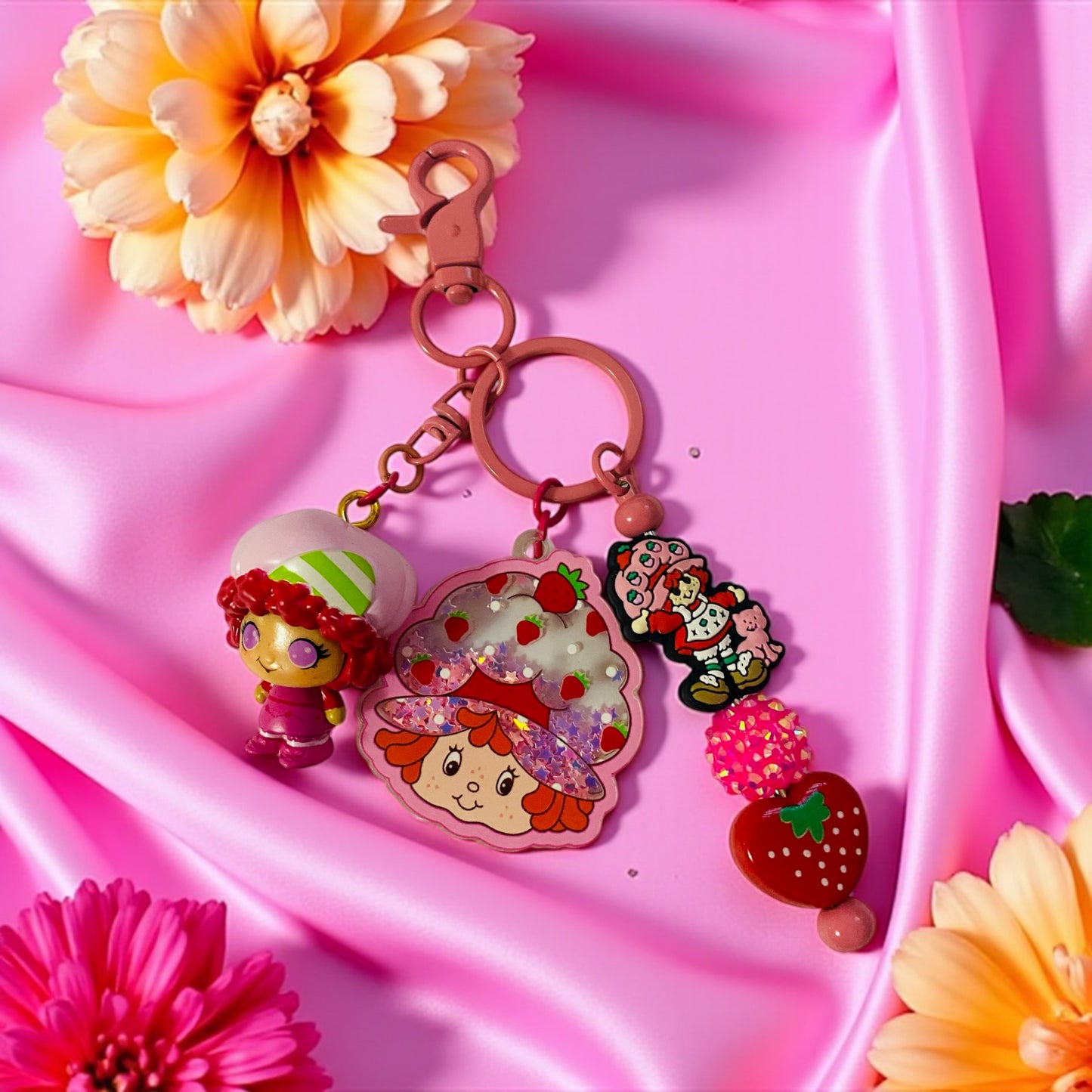 Rainbow Character & friends, strawberry character, Cherry character, Beaded charm key chain, bag charm, friends, Reading, junk journaling, keychain, bookmark, 80s, 90s, vintage era, nostalgia, Besties, best friend, purple, doorables