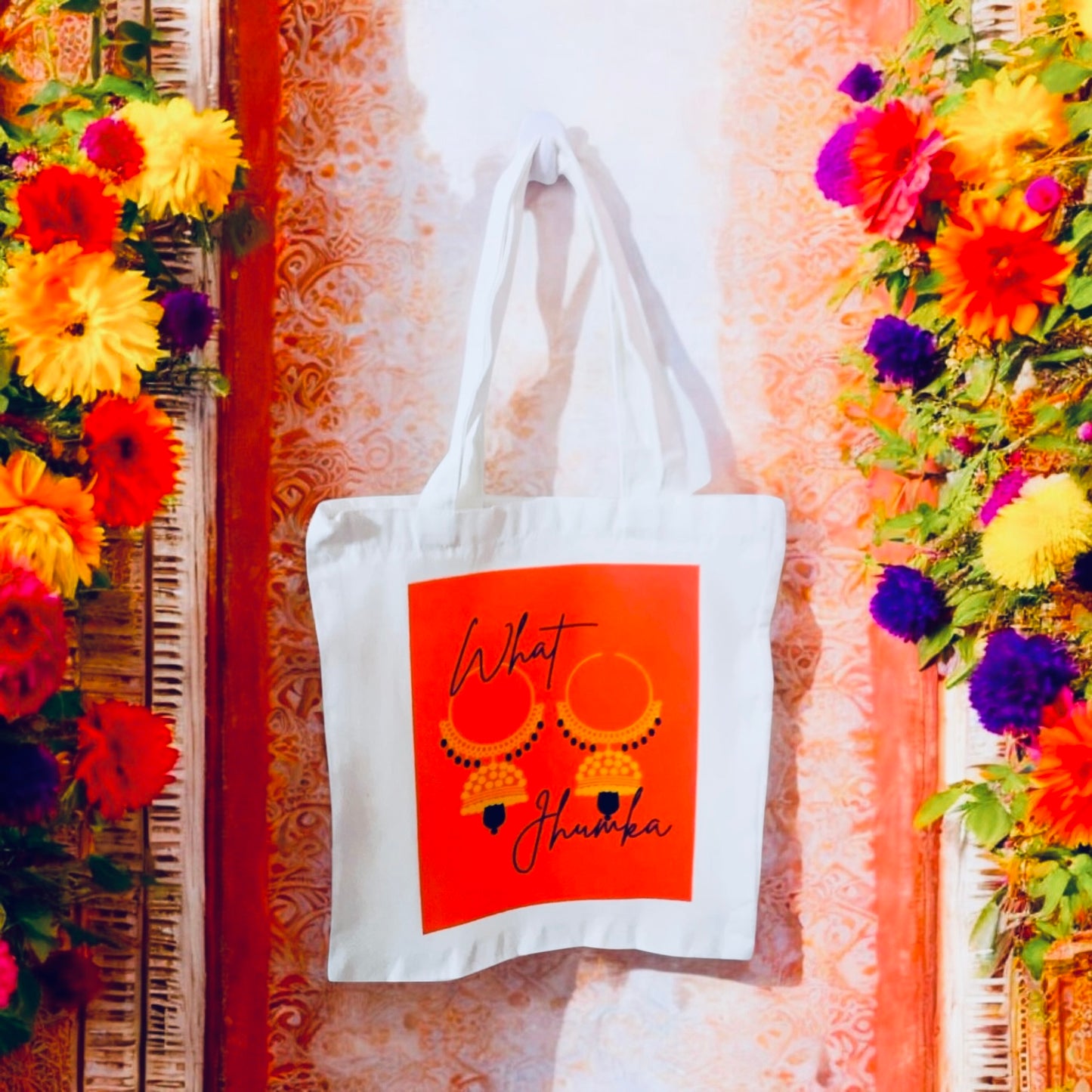 What Jhumka, Desi Girl Book Club, Indian Tote Bag, south Asian, desi bag, colourful tote, reusable bag, grocery bag, canvas bag, floral bag, tote bag, Bollywood bag, earring bag