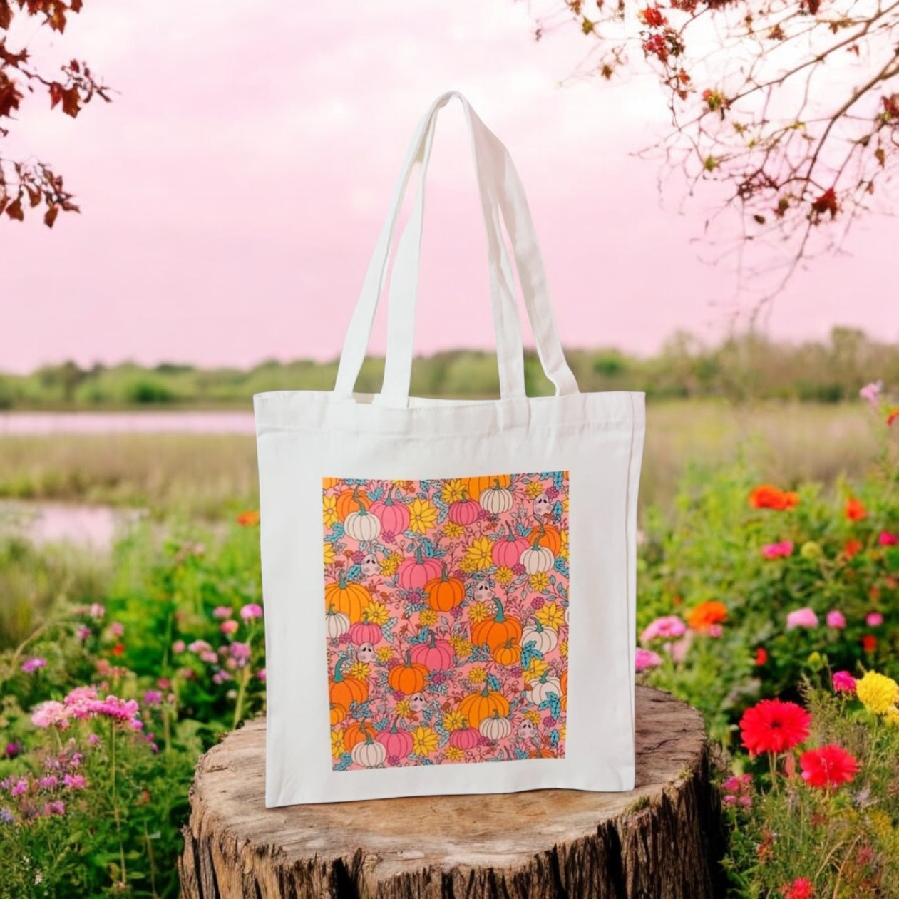 Pink Pumpkin Patch Ghost Floral Tote Bag, retro colourful tote, reusable bag, grocery bag, canvas bag, spooky books, flowers, florals