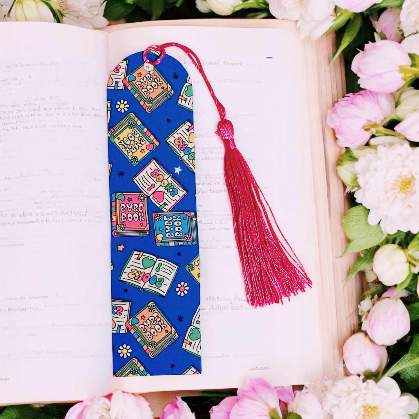 Cute bookish themed inspired blue colour bookmark, flowers, romance lovers, Bookish Gift Ideas, pink tassel, I love books, pink Tassel